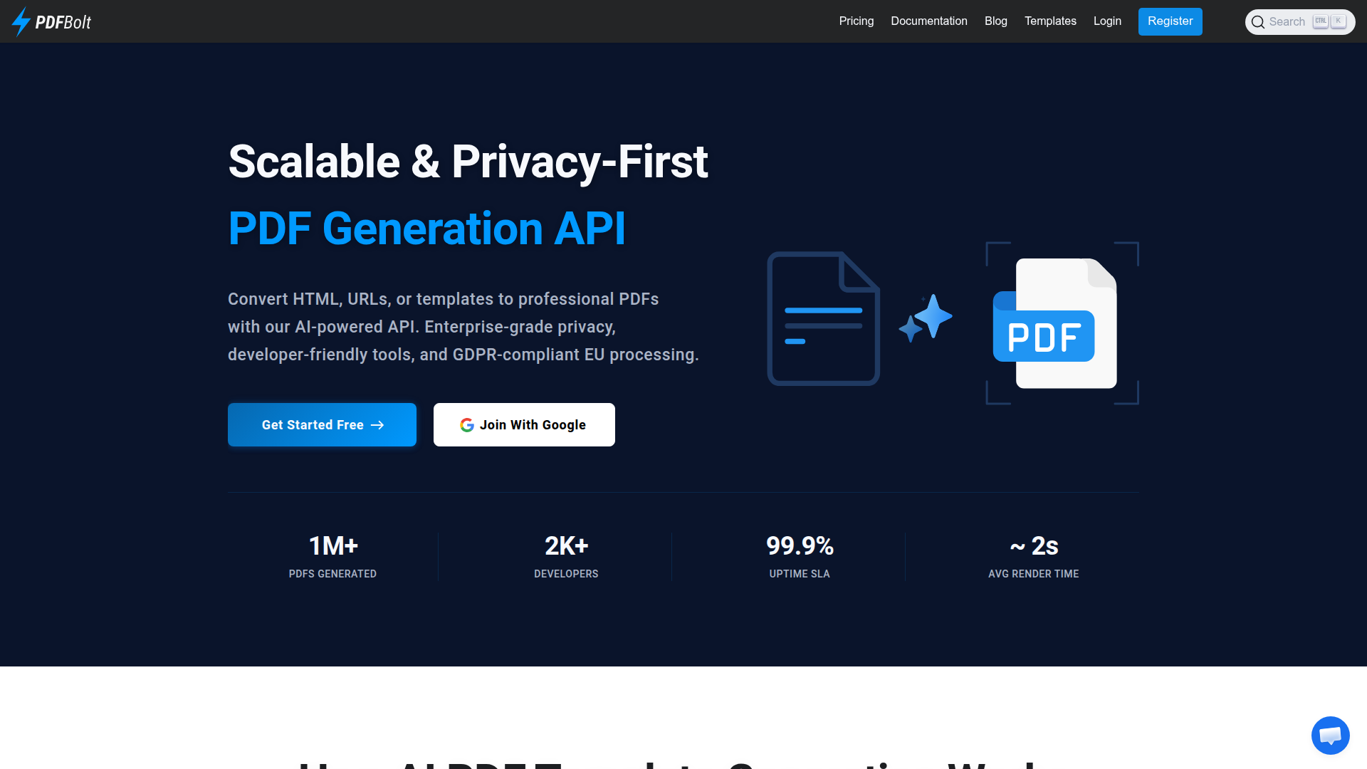 Landing page screenshot for pdfbolt.com, 1920 by 1080 pixels