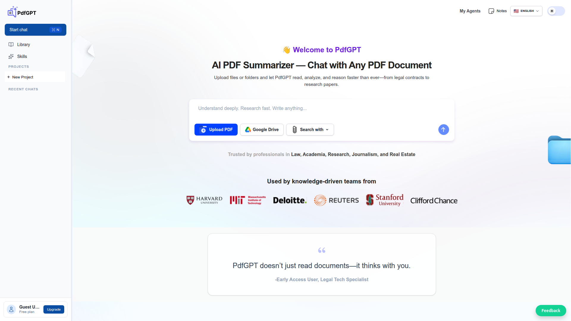 Landing page screenshot for pdfgpt.io, 1920 by 1080 pixels