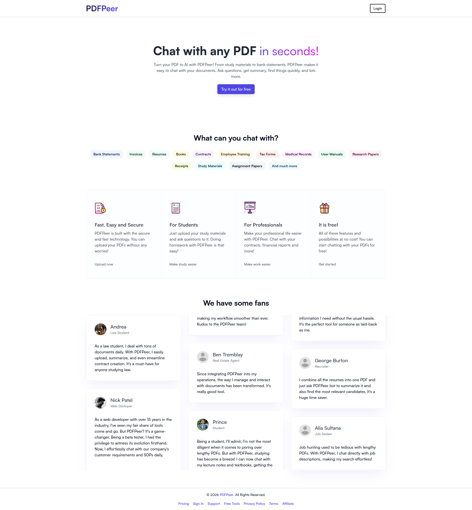 Landing page screenshot for pdfpeer.com, 1920 by 2071 pixels
