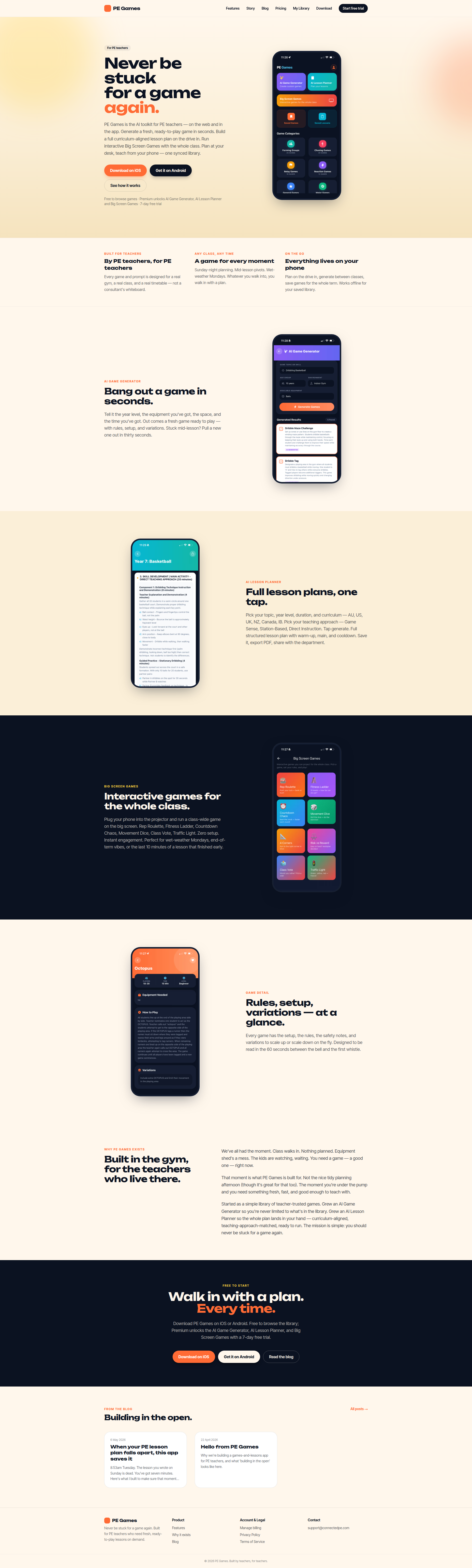 Landing page screenshot for pegames.app, 1920 by 6376 pixels