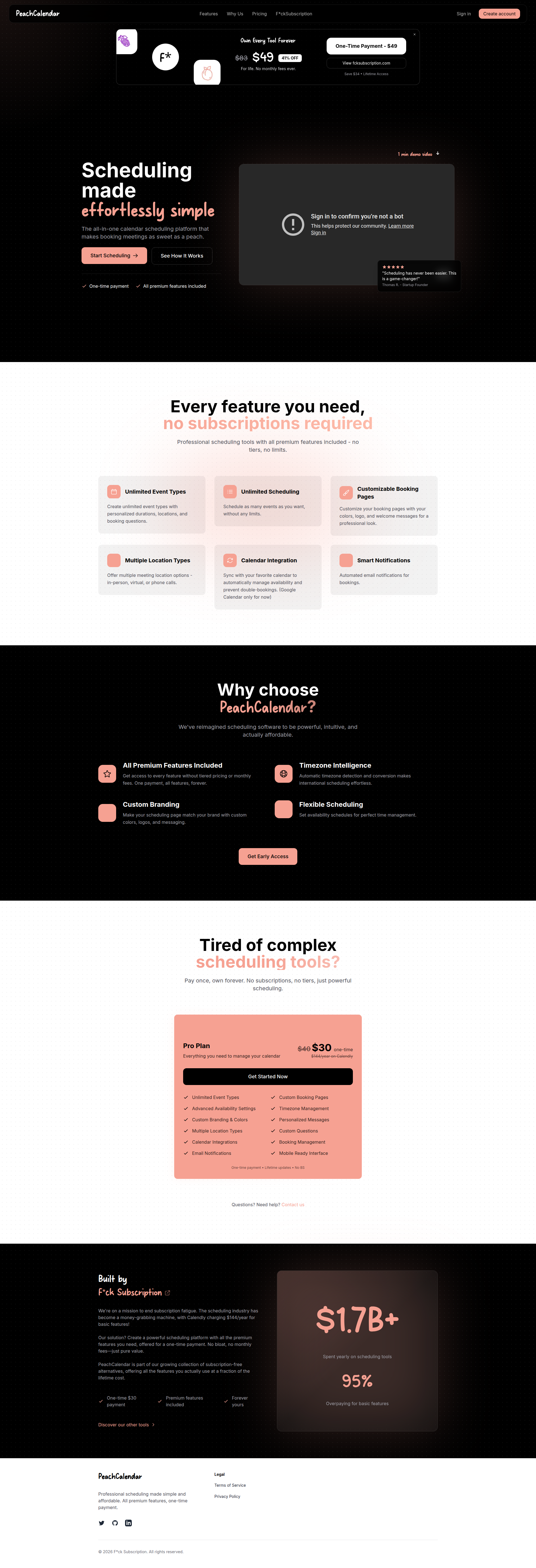 Landing page screenshot for peachcalendar.app, 1920 by 5613 pixels