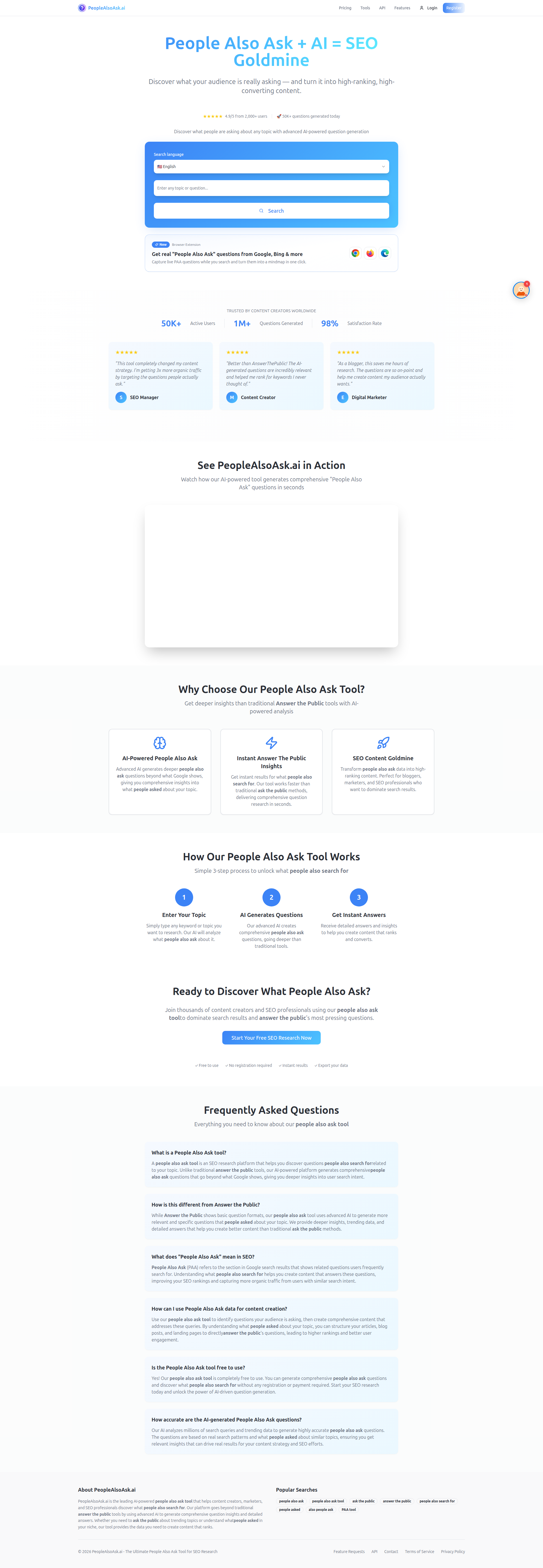 Landing page screenshot for peoplealsoask.ai, 1920 by 5544 pixels