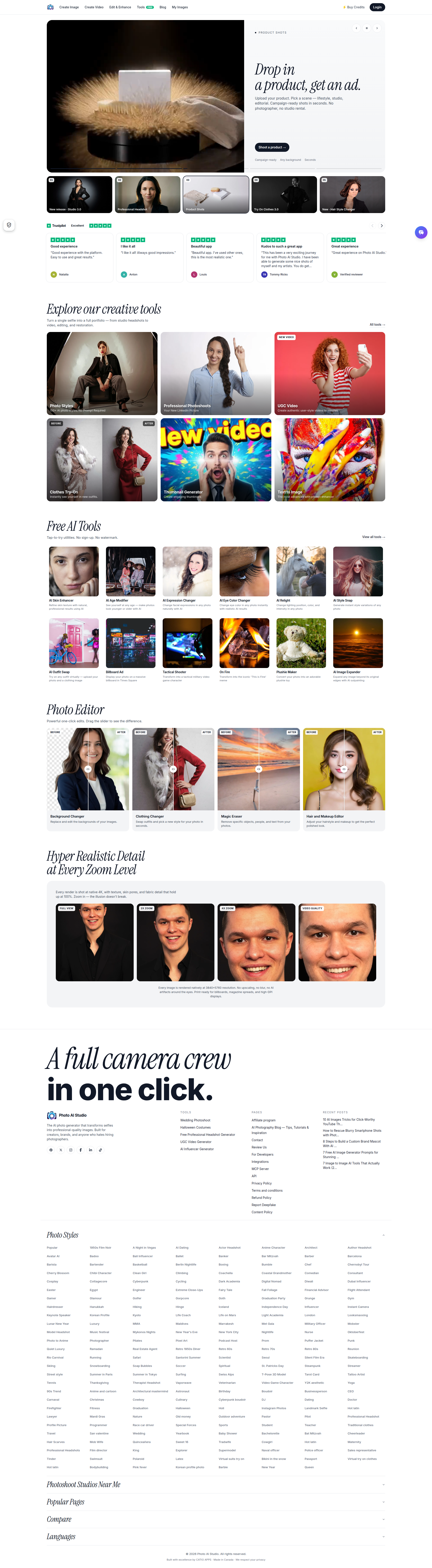 Landing page screenshot for photoaistudio.com, 1920 by 6962 pixels