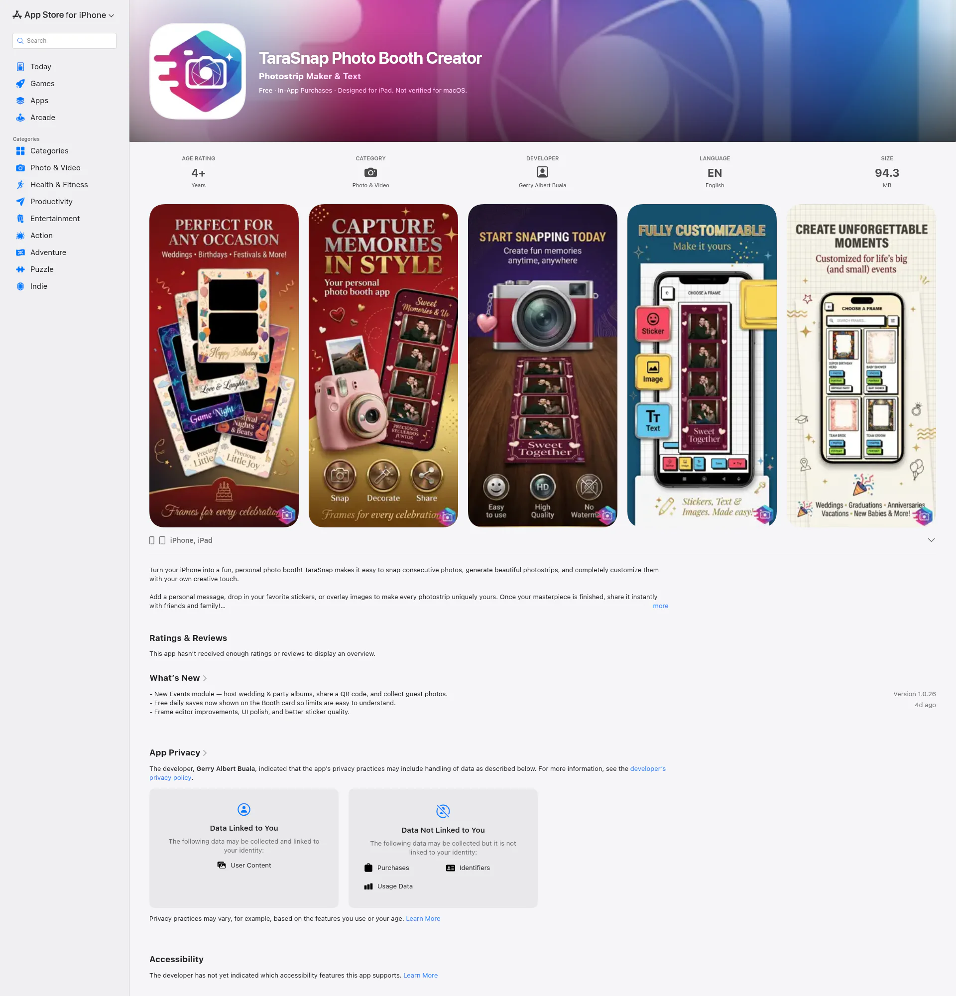 Photo Booth App: TaraSnap landing page