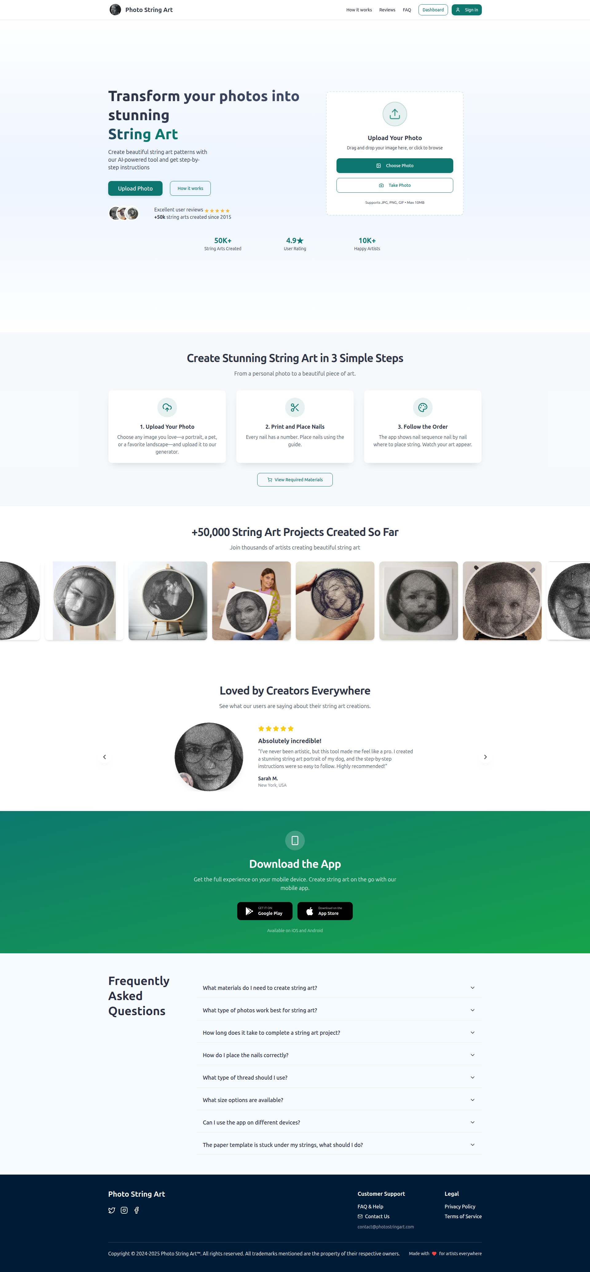 Landing page screenshot for photostringart.com, 1920 by 4139 pixels