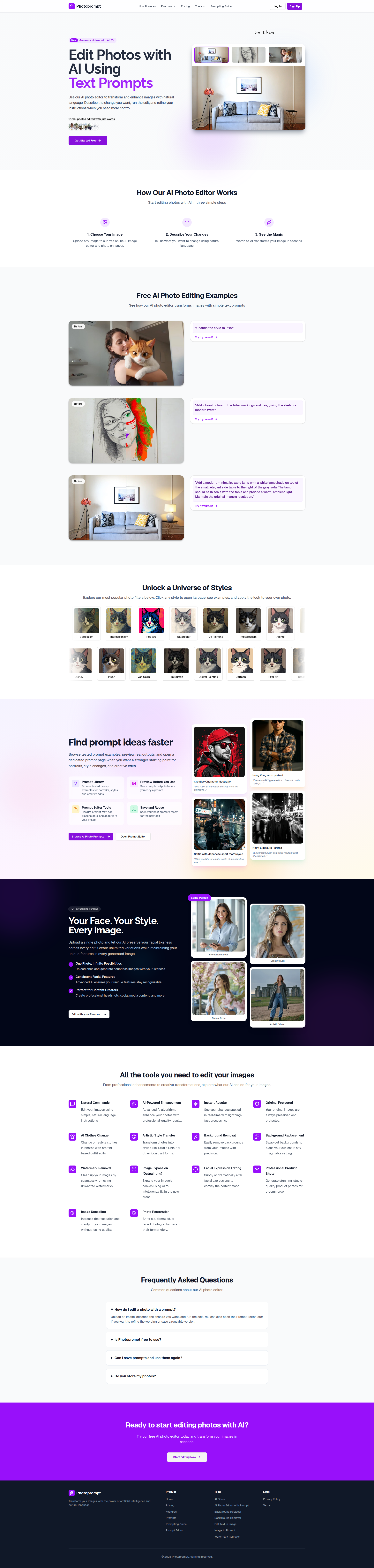 Landing page screenshot for photoprompt.app, 1920 by 8045 pixels