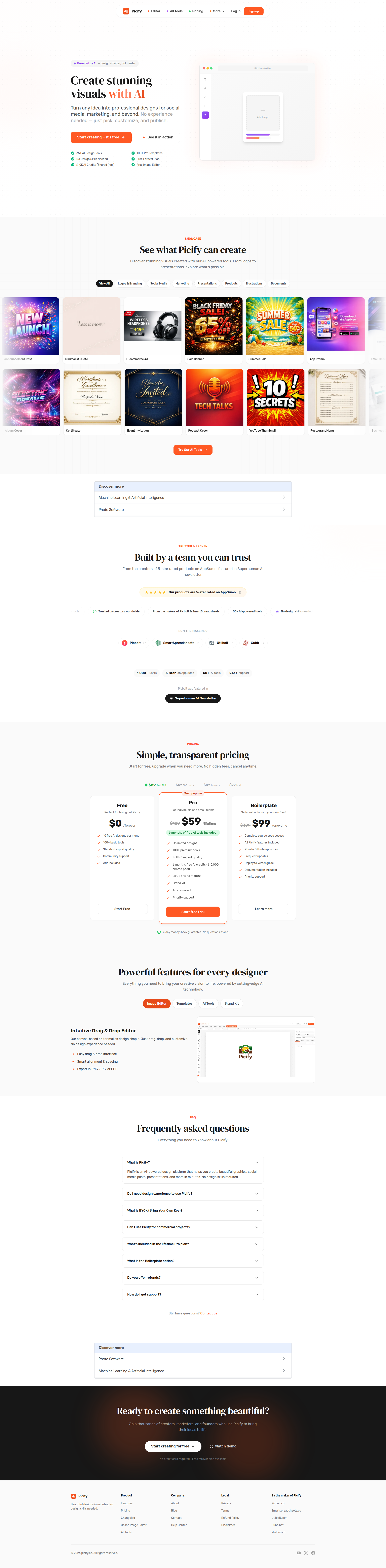 Landing page screenshot for picify.co, 1920 by 7804 pixels