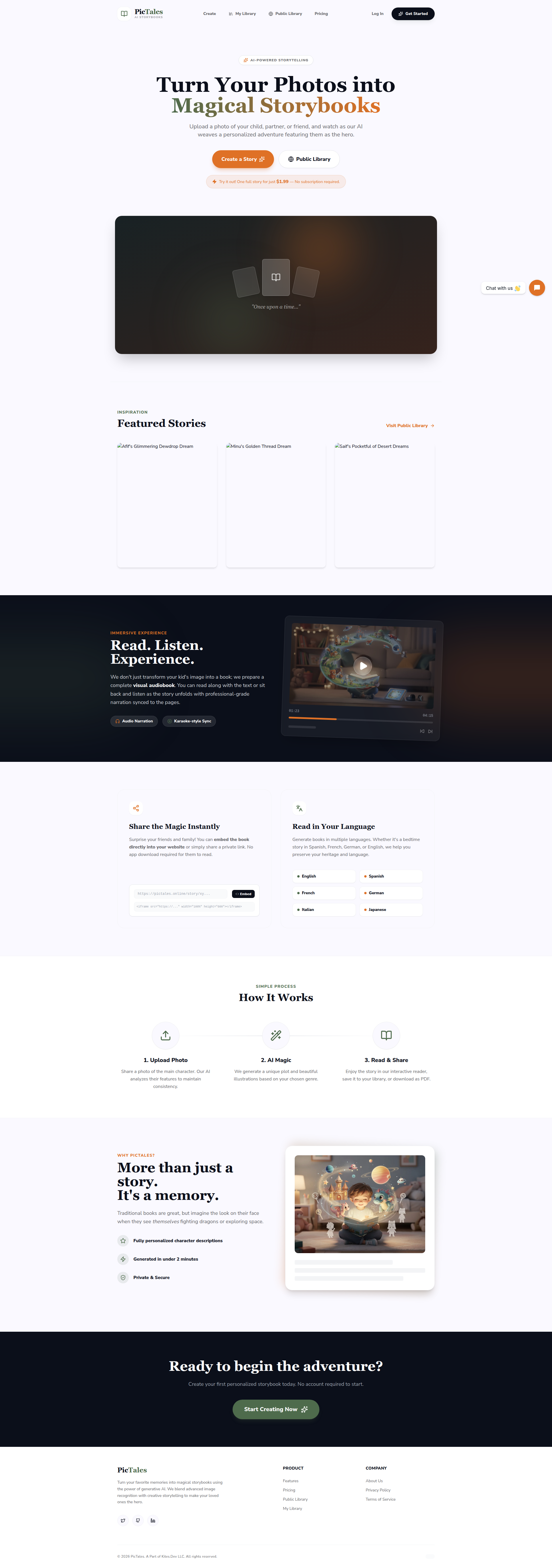 Landing page screenshot for pictales.online, 1920 by 5448 pixels