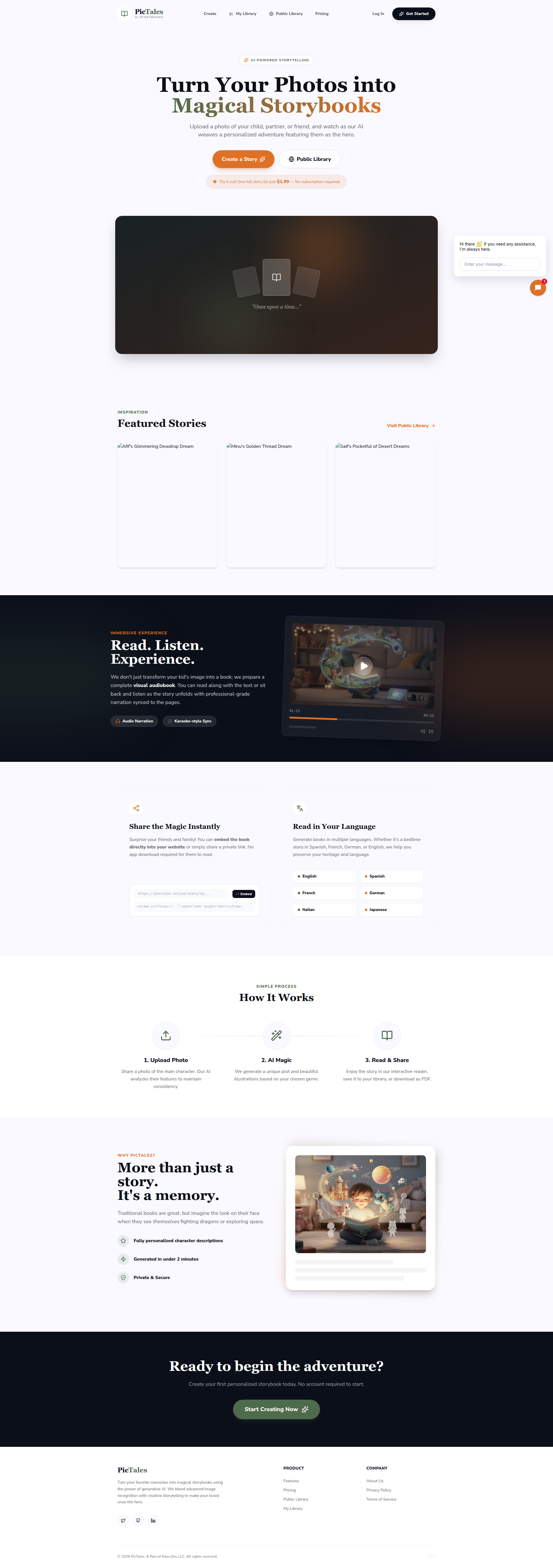 Landing page screenshot for pictales.online, 1920 by 5448 pixels