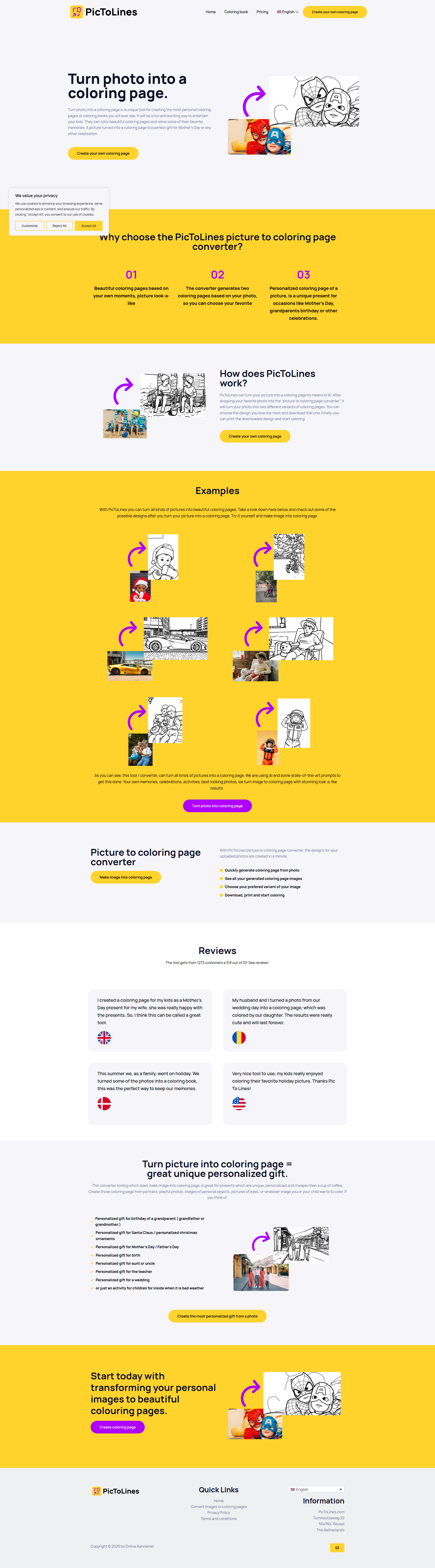 Landing page screenshot for pictolines.com, 1920 by 6923 pixels