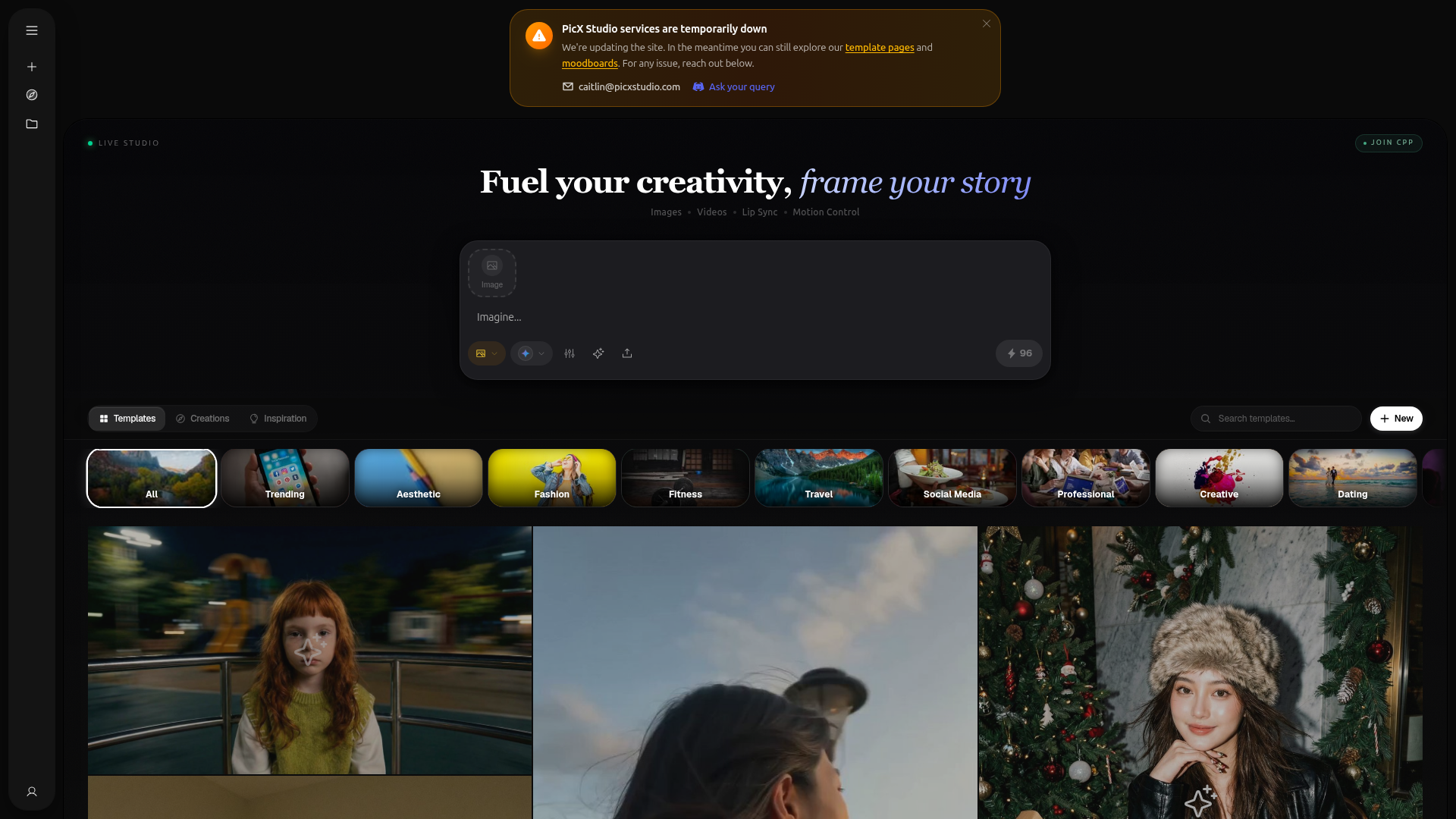Landing page screenshot for picxstudio.com, 1920 by 1080 pixels