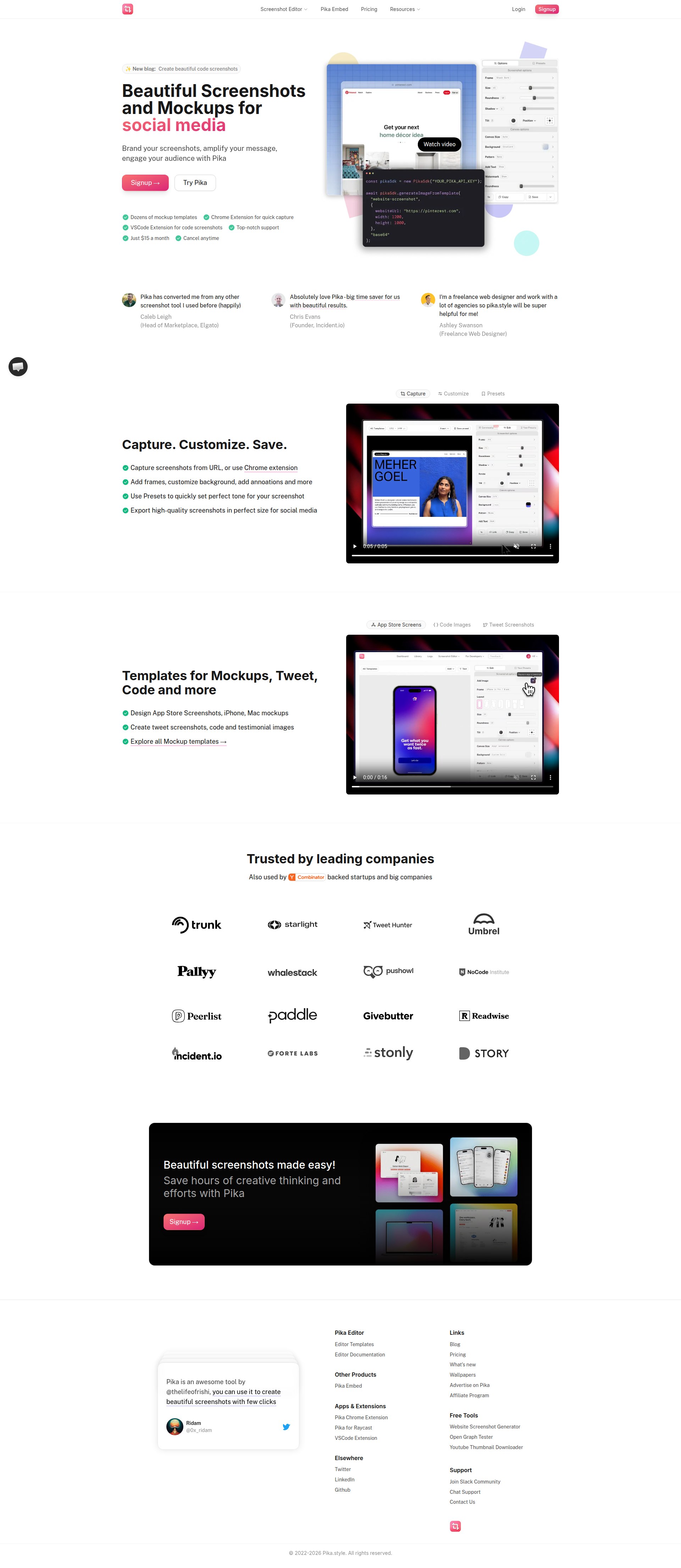 Landing page screenshot for pika.style, 1920 by 4417 pixels