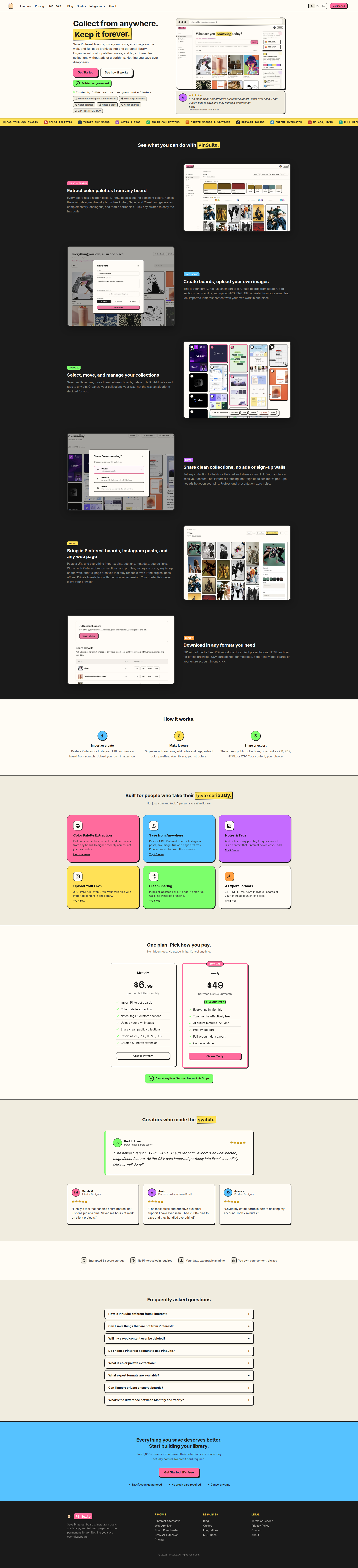 Landing page screenshot for pinsuite.app, 1920 by 8407 pixels