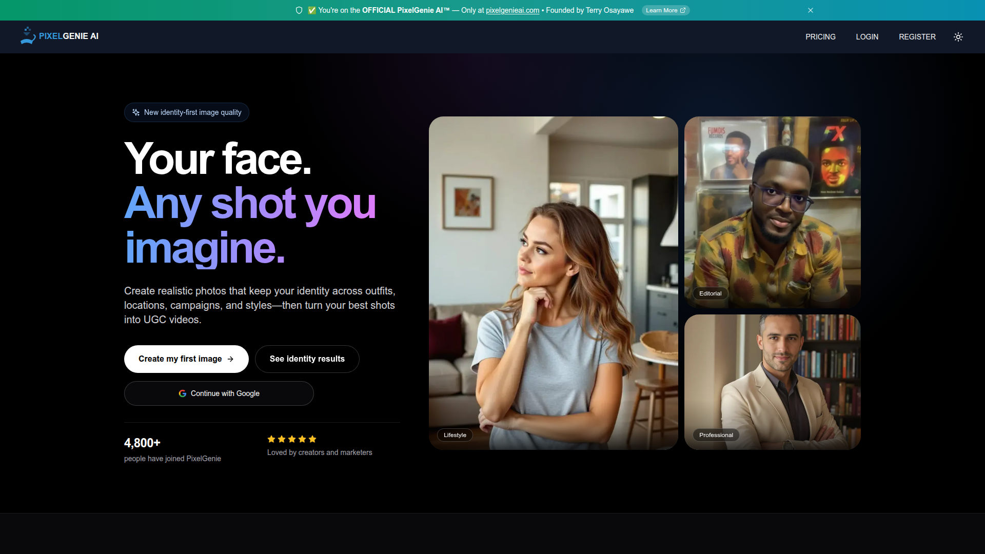 Landing page screenshot for pixelgenieai.com, 1920 by 1080 pixels