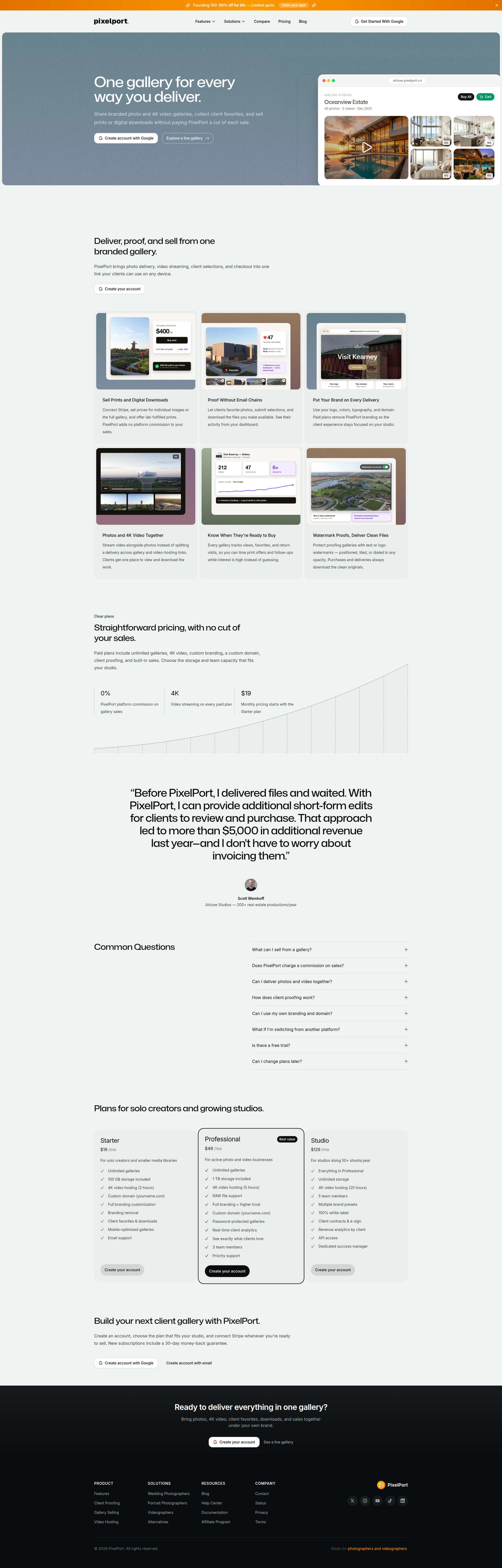 Landing page screenshot for pixelport.co, 1920 by 5991 pixels