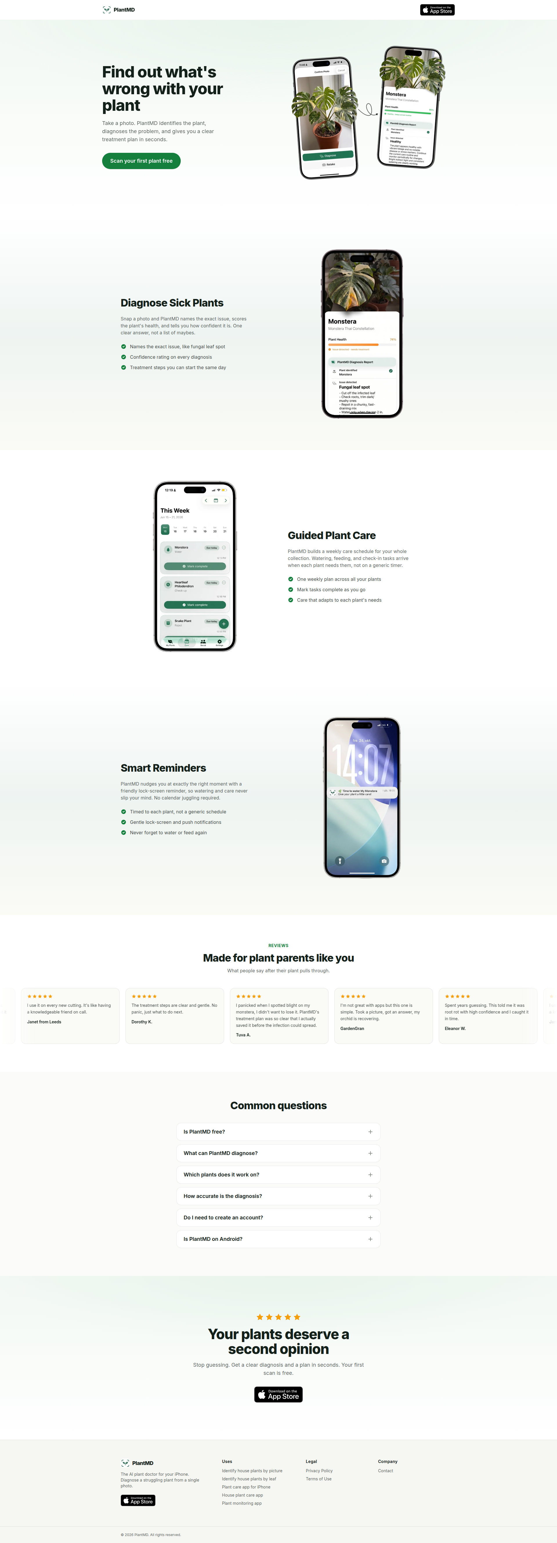 Landing page screenshot for getplantmd.com, 1920 by 5321 pixels
