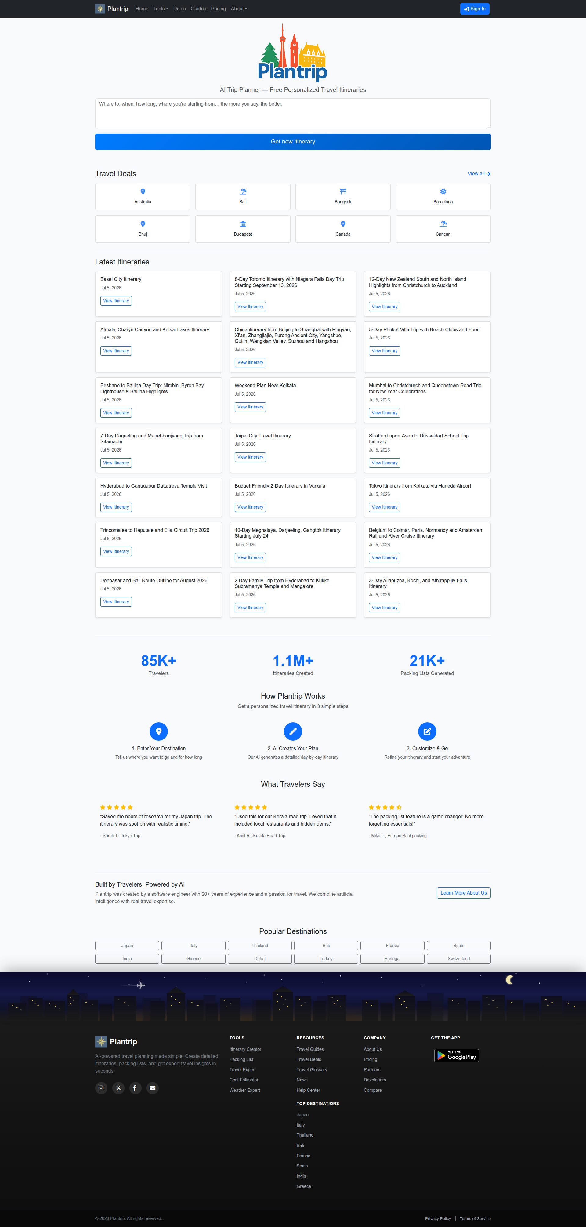 Landing page screenshot for plantrip.io, 1920 by 4019 pixels