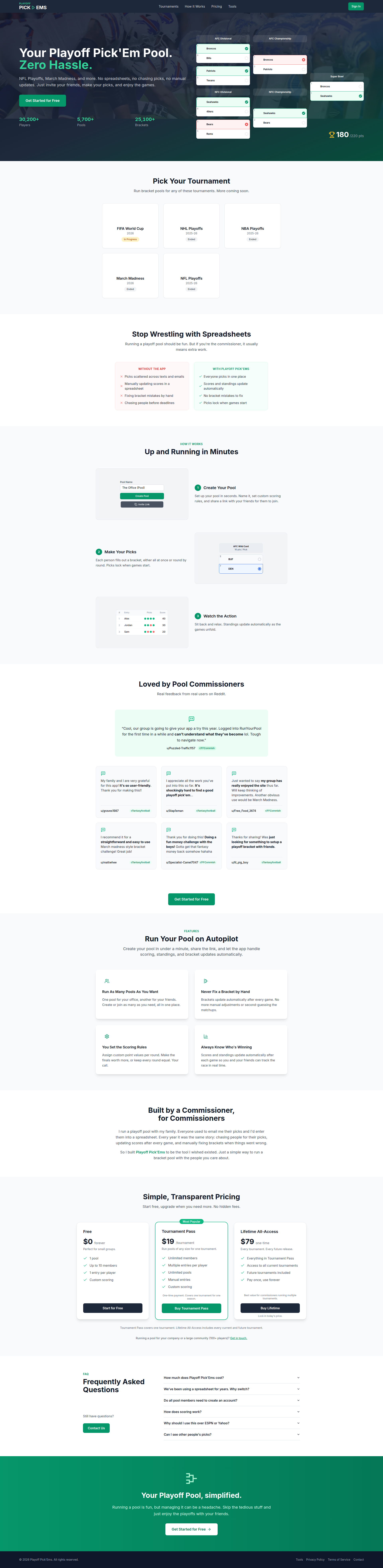 Landing page screenshot for playoffpickems.com, 1920 by 7867 pixels