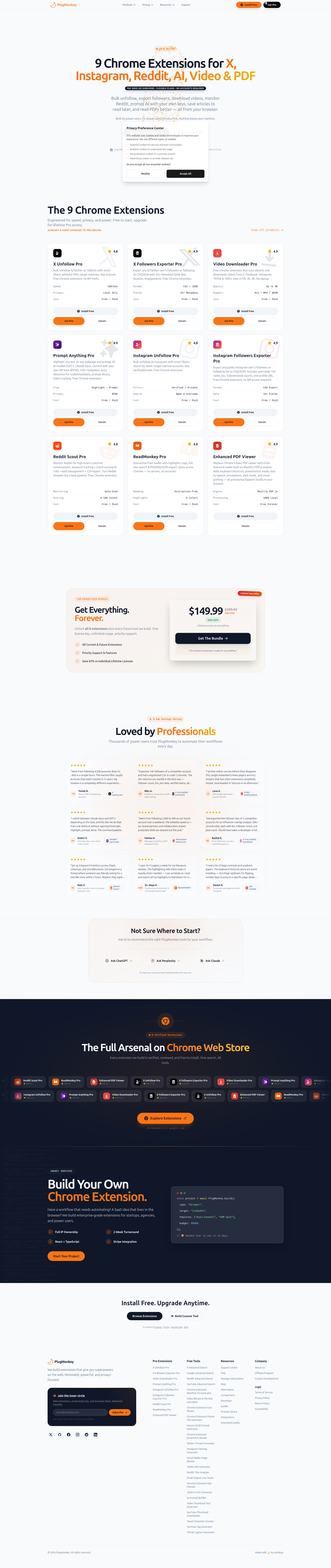 Landing page screenshot for plugmonkey.xyz, 1920 by 9100 pixels