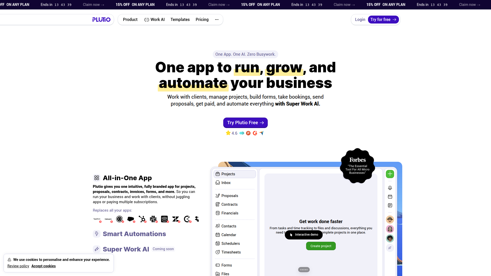 Landing page screenshot for plutio.com, 1920 by 1080 pixels