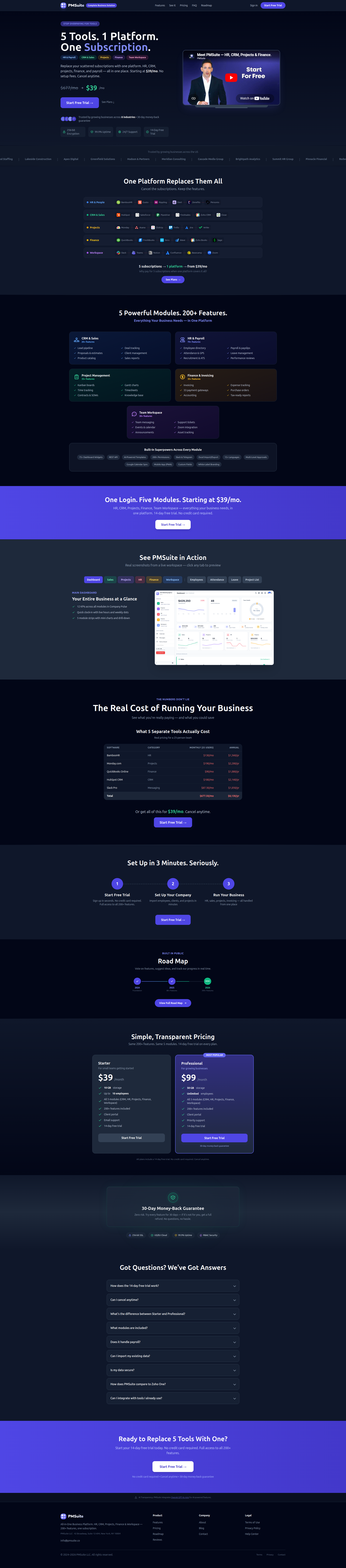 Landing page screenshot for pmsuite.co, 1920 by 8704 pixels