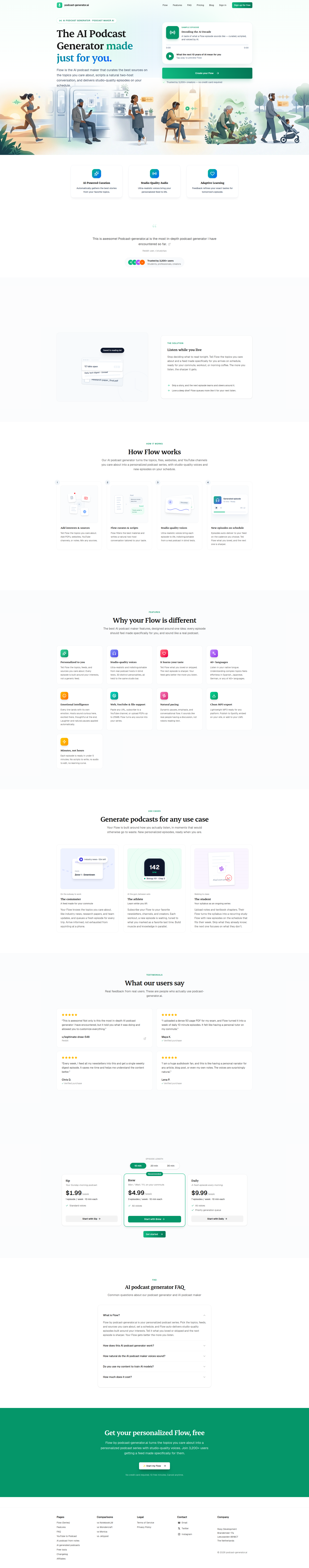 Landing page screenshot for podcast-generator.ai, 1920 by 9748 pixels