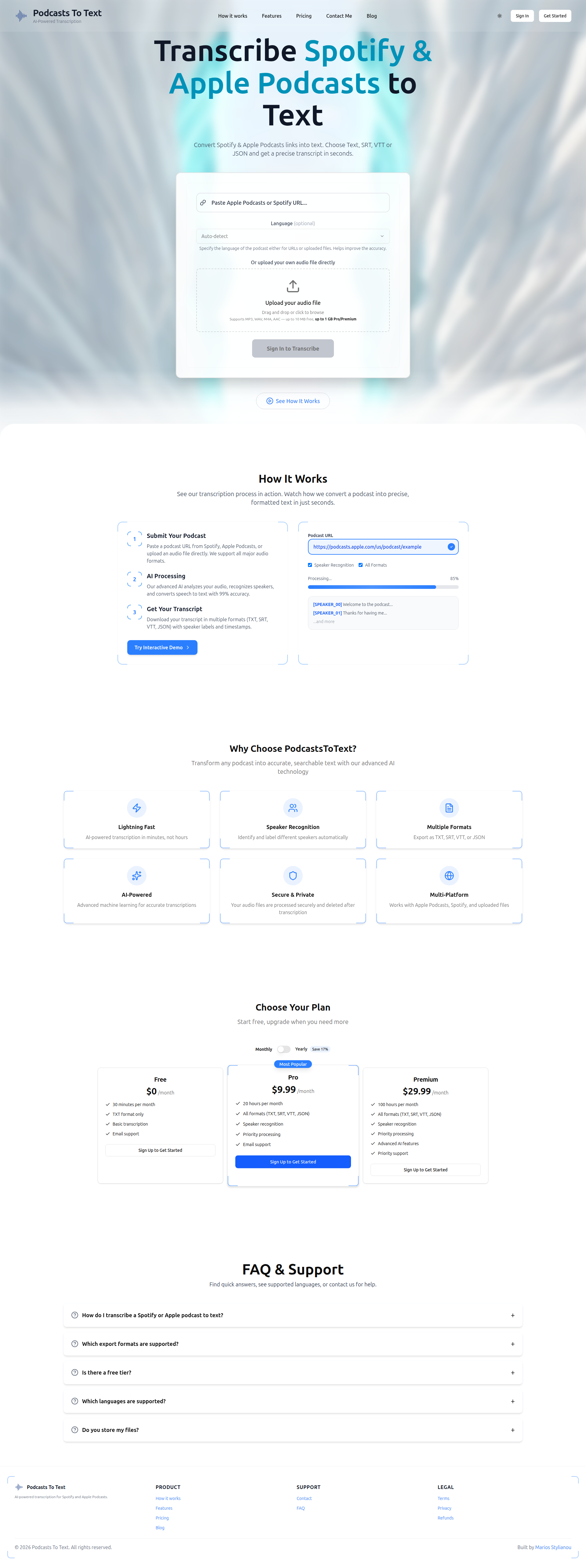 Landing page screenshot for podcaststotext.com, 1920 by 5139 pixels