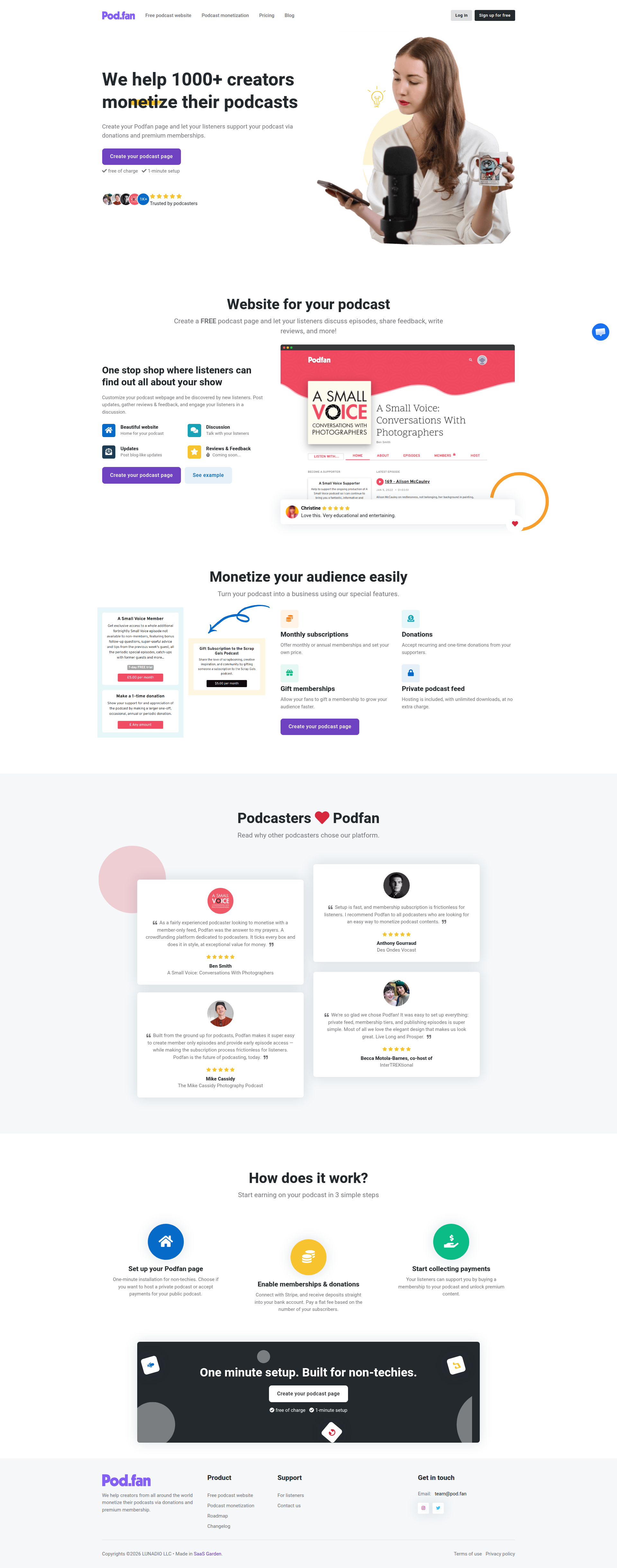 Landing page screenshot for pod.fan, 1920 by 4879 pixels