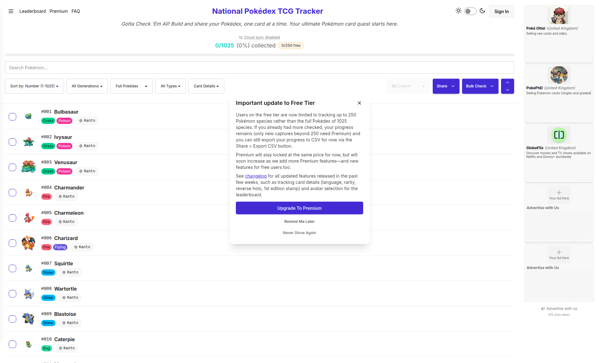 Landing page screenshot for pokedexchecklist.com, 1920 by 1163 pixels