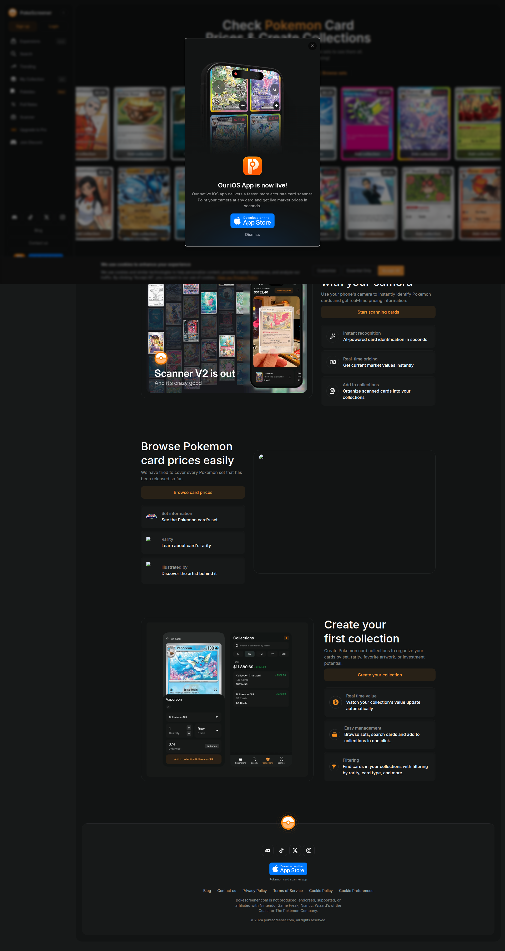 Landing page screenshot for pokescreener.com, 1920 by 3612 pixels