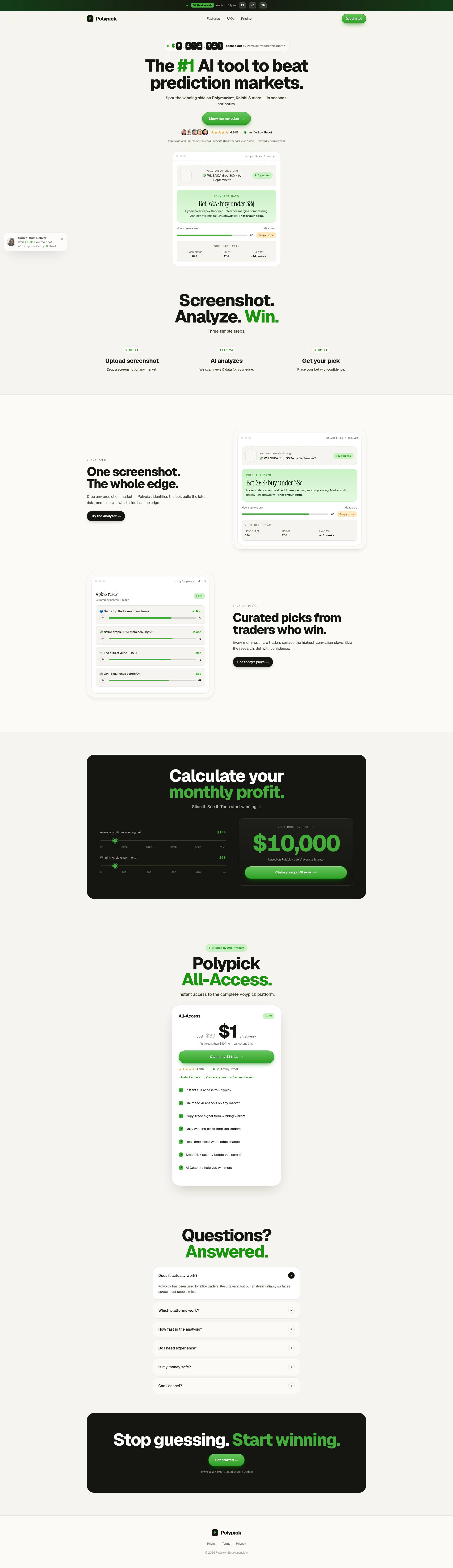 Landing page screenshot for polypick.app, 1920 by 6651 pixels