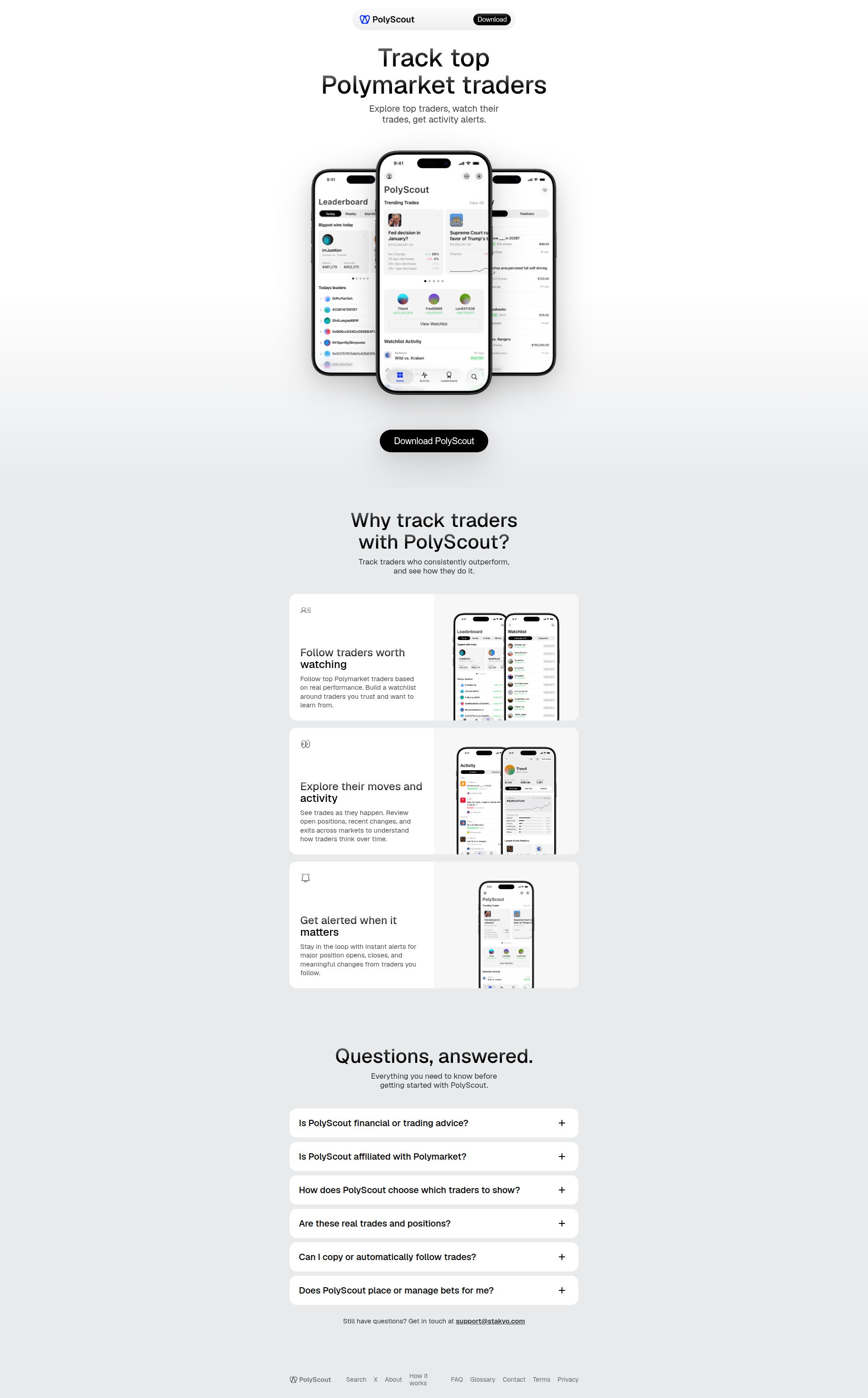 Landing page screenshot for polyscout.co, 1920 by 3091 pixels