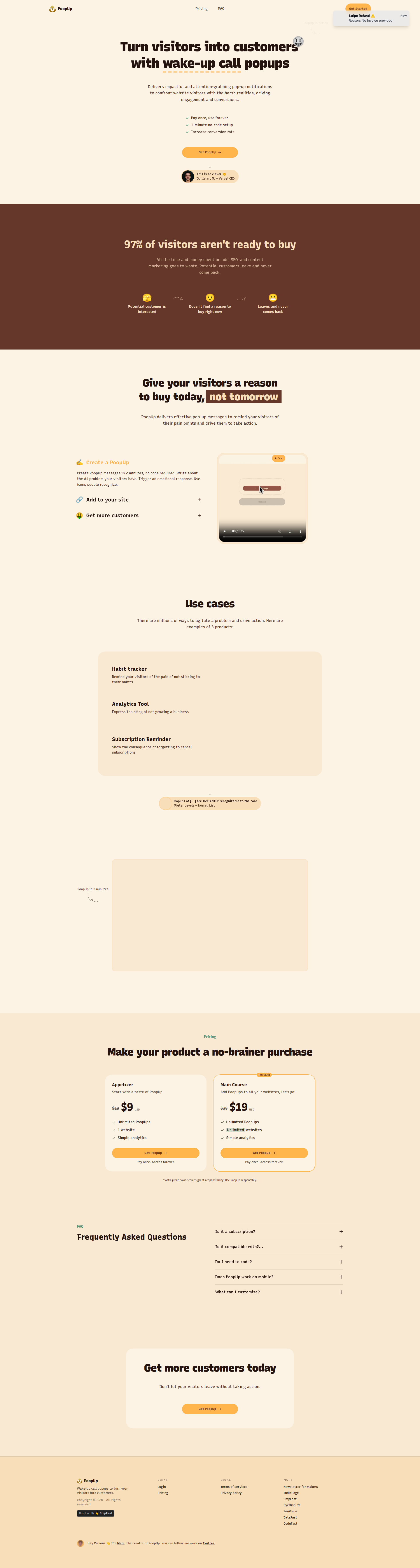 Landing page screenshot for poopup.co, 1920 by 7160 pixels