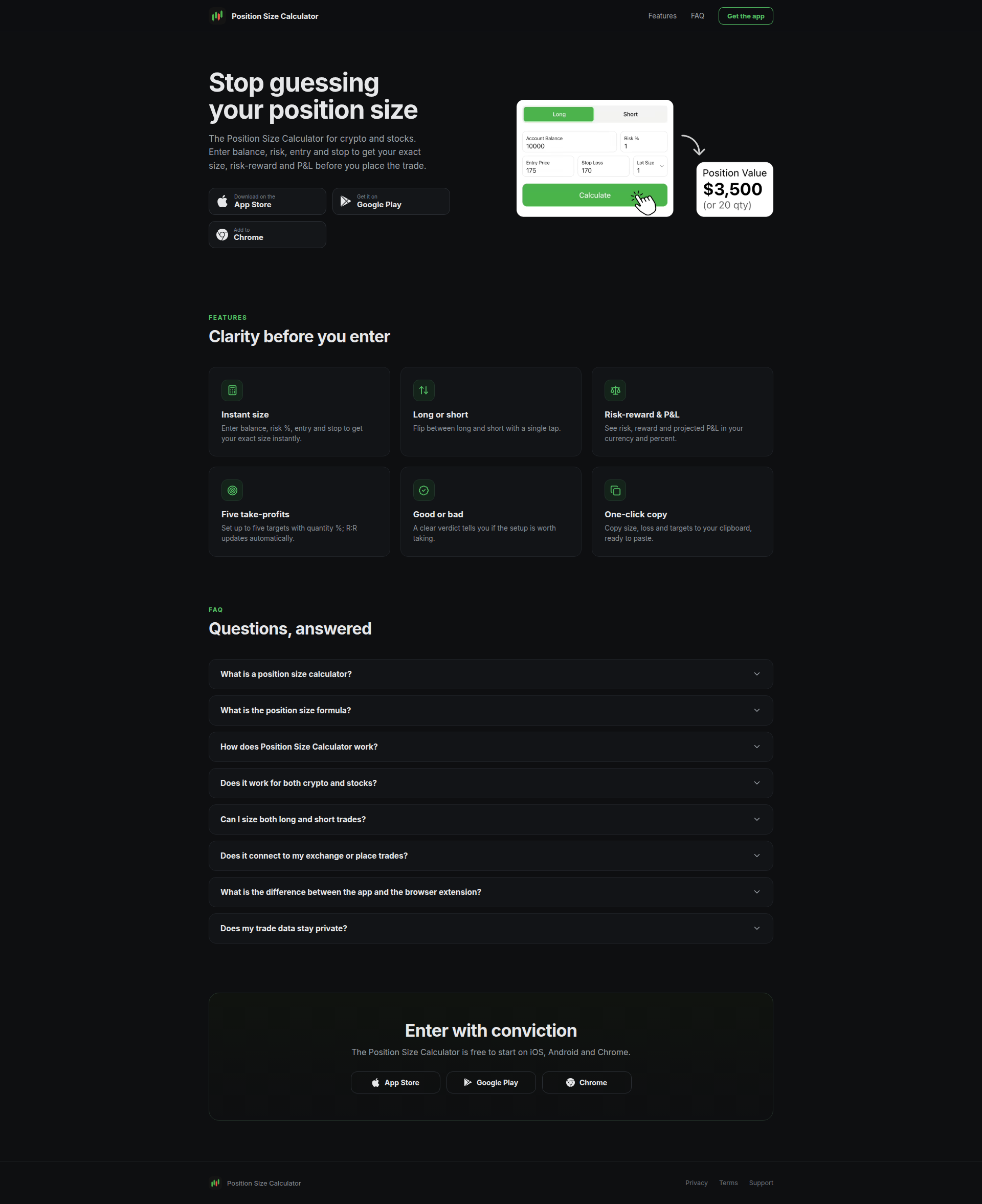 Landing page screenshot for positionsizecalc.app, 1920 by 2353 pixels