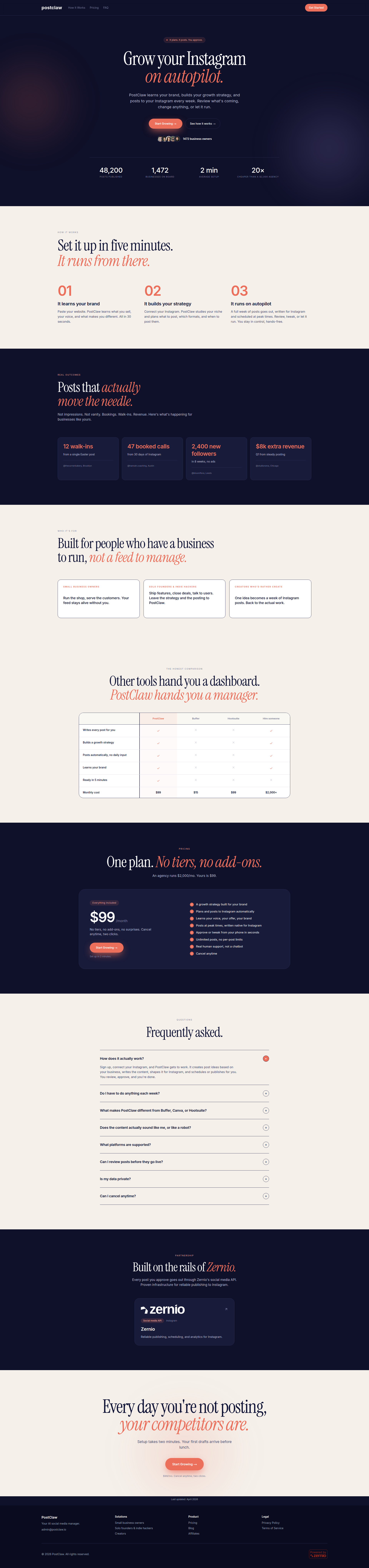 Landing page screenshot for postclaw.io, 1920 by 8154 pixels