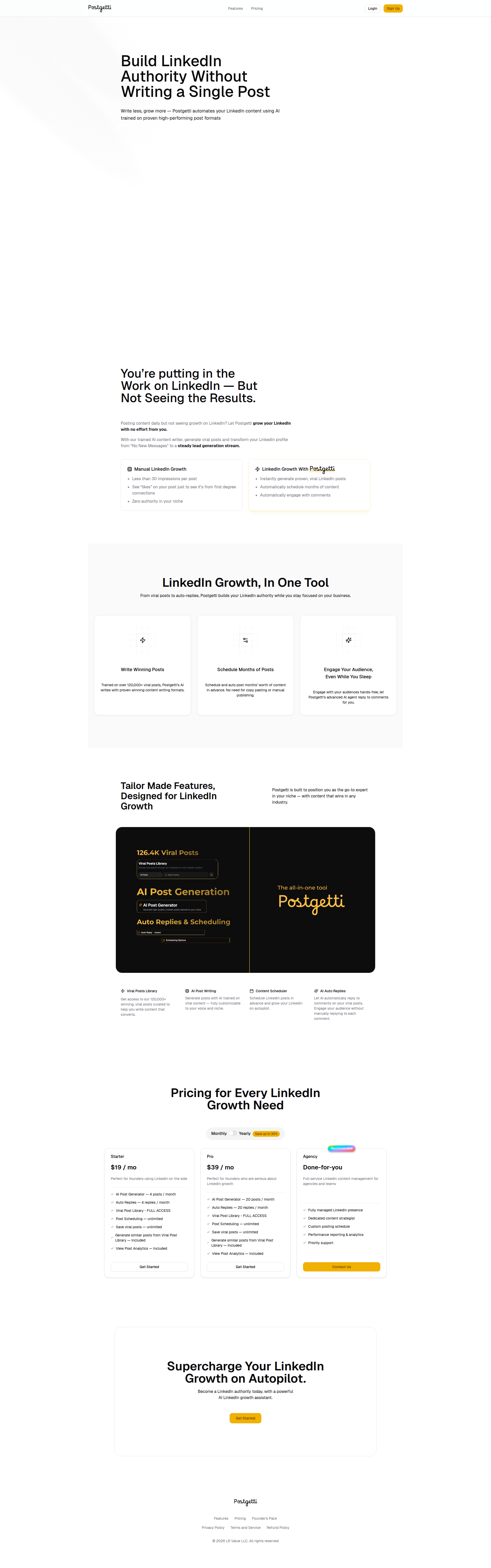 Landing page screenshot for postgetti.ai, 1920 by 6133 pixels