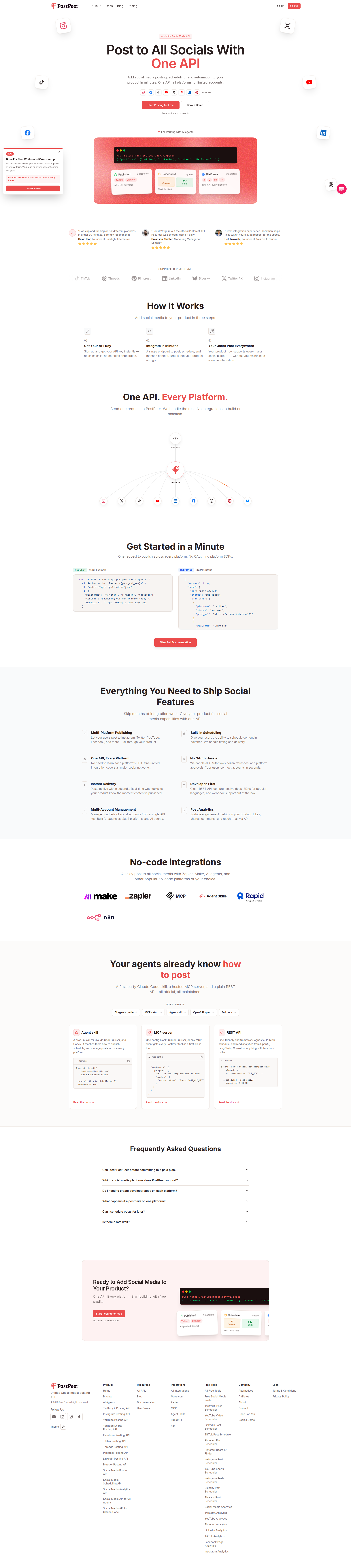 Landing page screenshot for postpeer.dev, 1920 by 8577 pixels