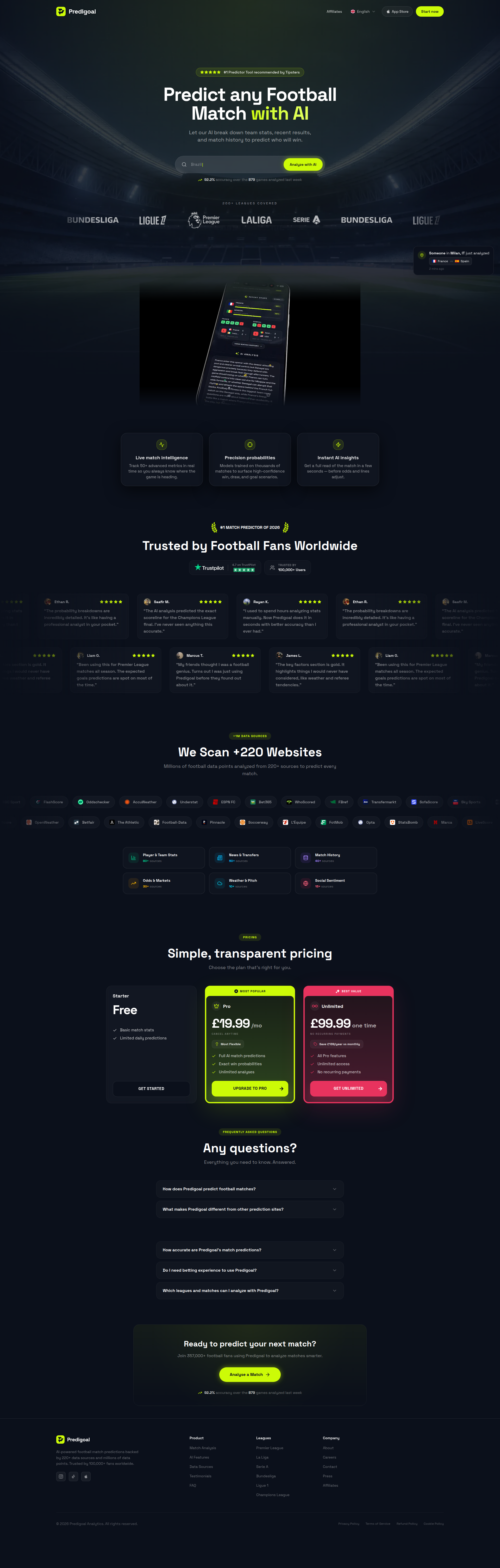 Landing page screenshot for predigoal.com, 1920 by 6016 pixels