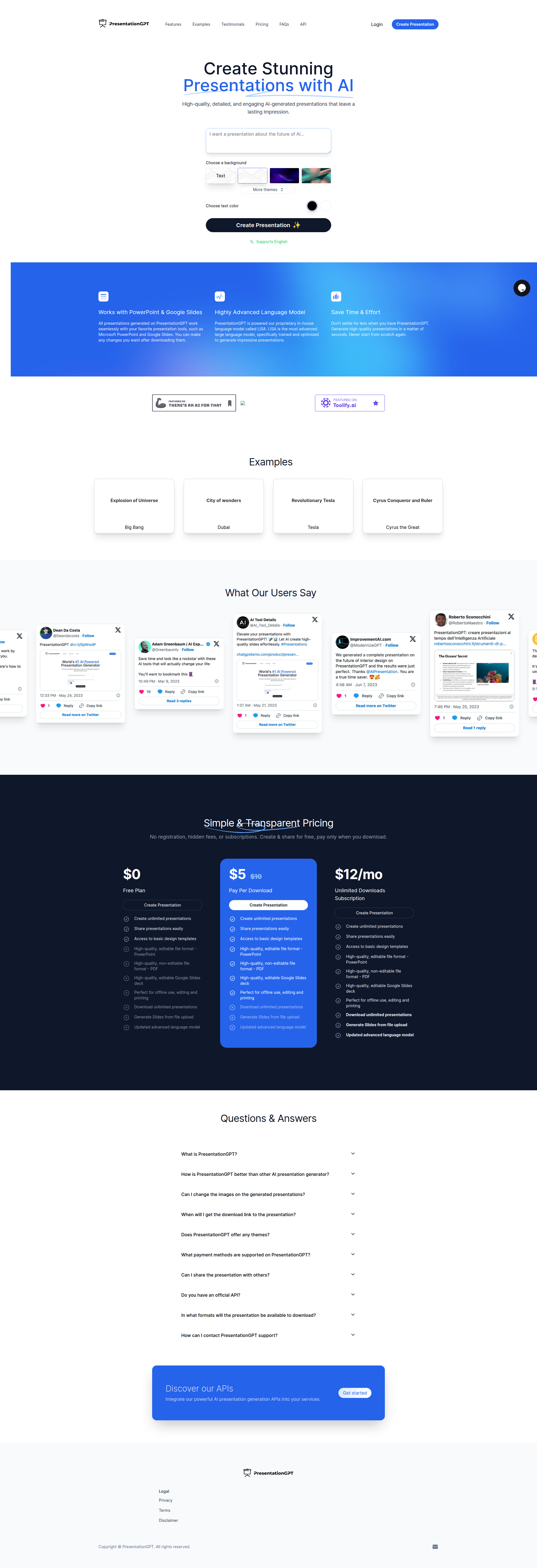 Landing page screenshot for presentationgpt.com, 1920 by 5606 pixels