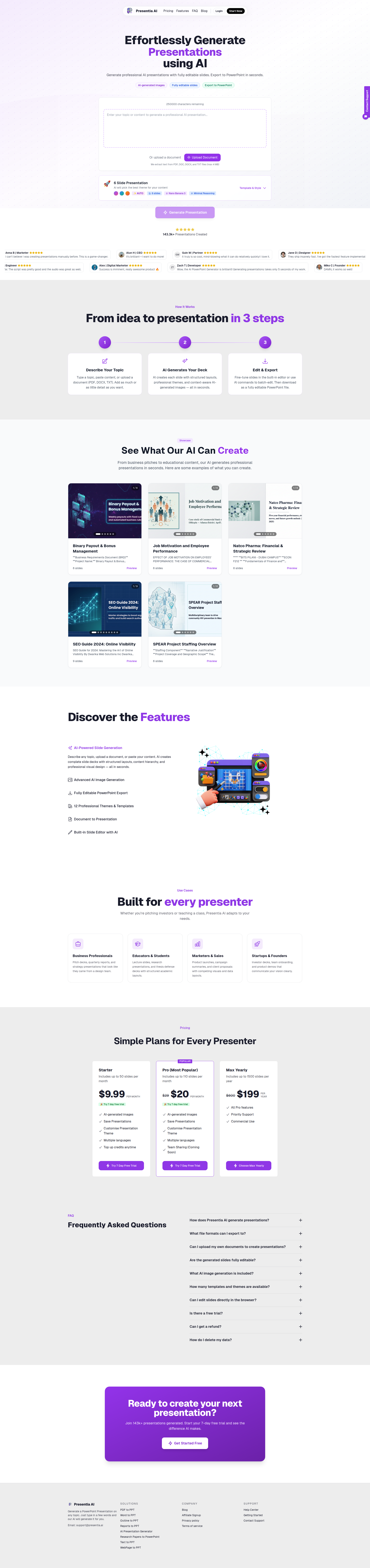 Landing page screenshot for presentia.ai, 1920 by 8133 pixels