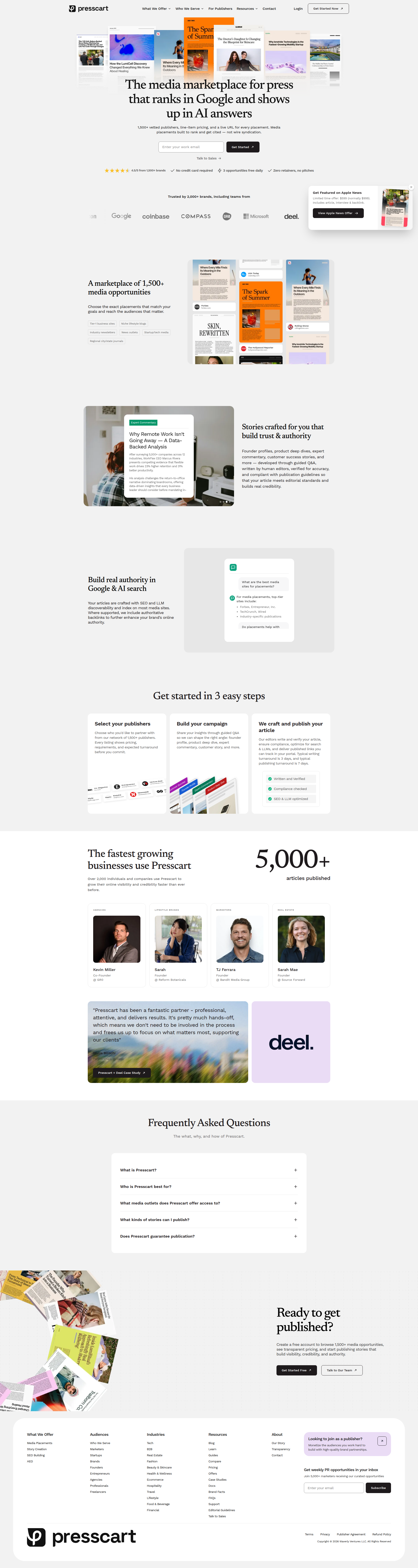 Landing page screenshot for presscart.com, 1920 by 7199 pixels