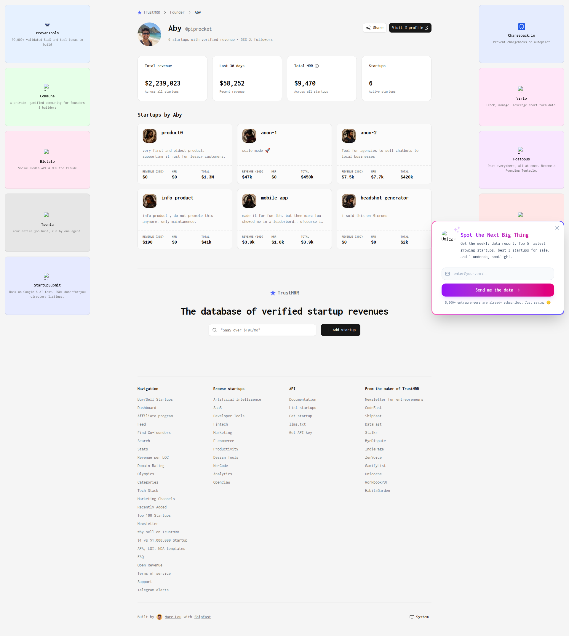 Landing page screenshot for trustmrr.com, 1920 by 2149 pixels