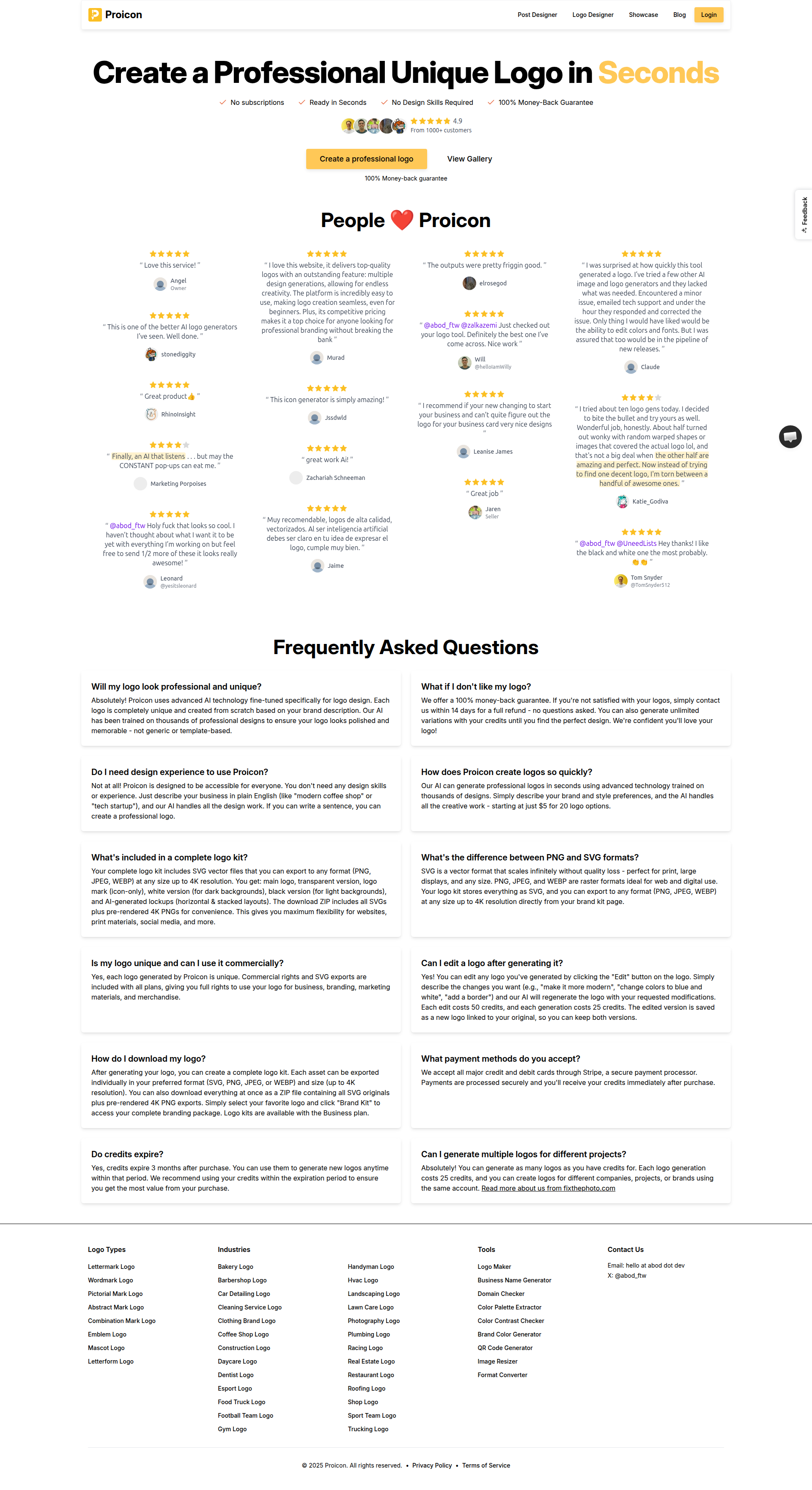 Landing page screenshot for proicon.ai, 1920 by 3524 pixels