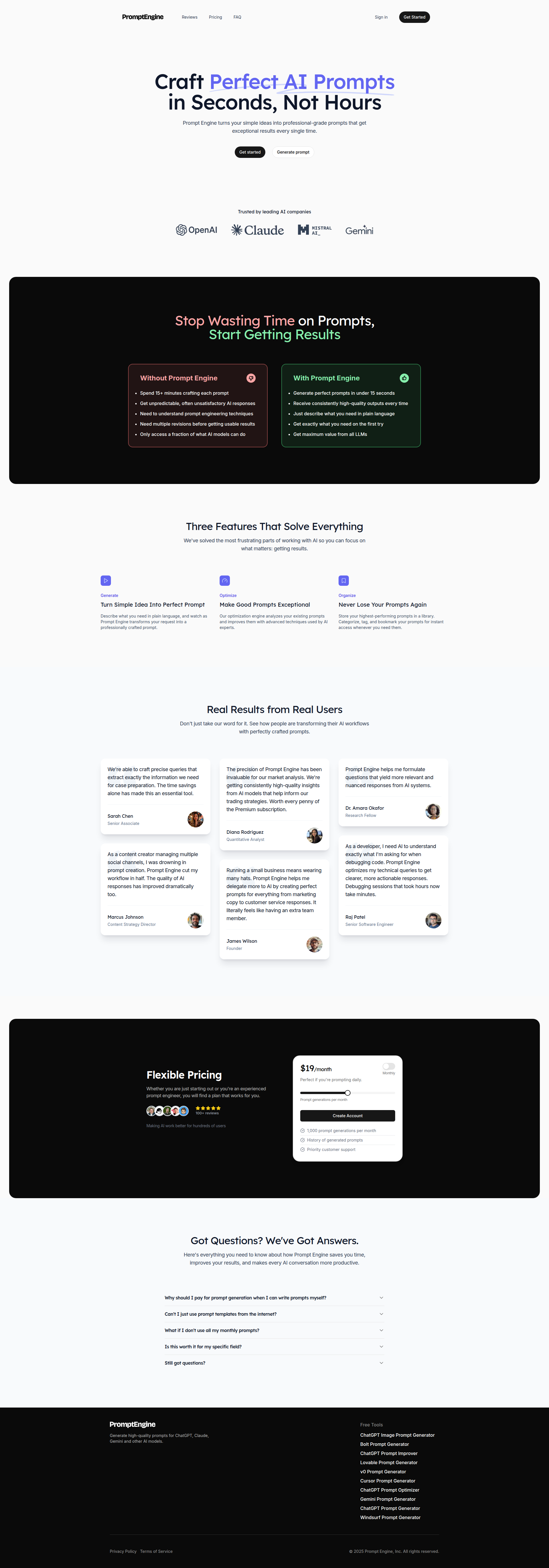 Landing page screenshot for promptengine.cc, 1920 by 5482 pixels