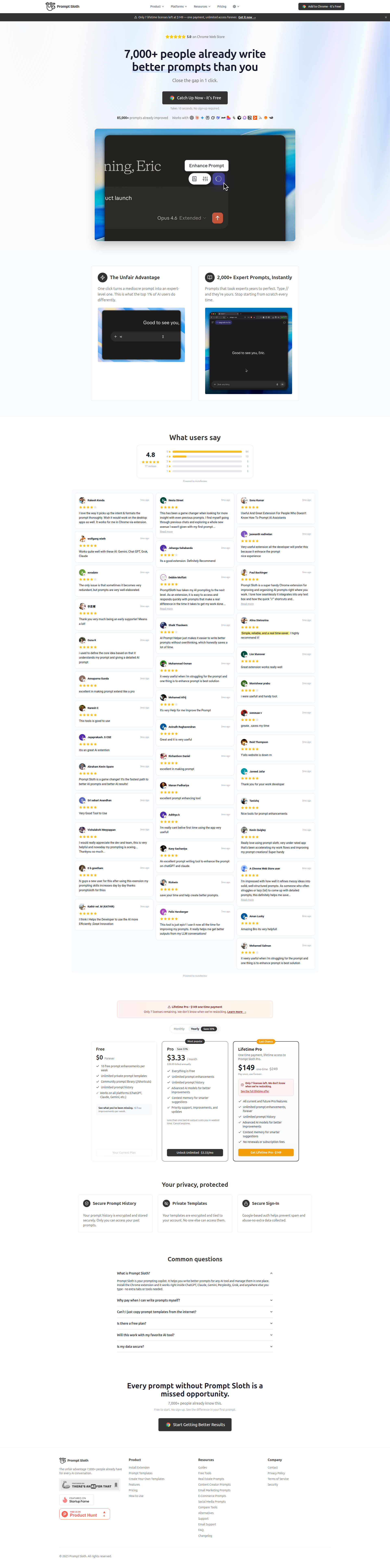 Landing page screenshot for promptsloth.com, 1920 by 7724 pixels