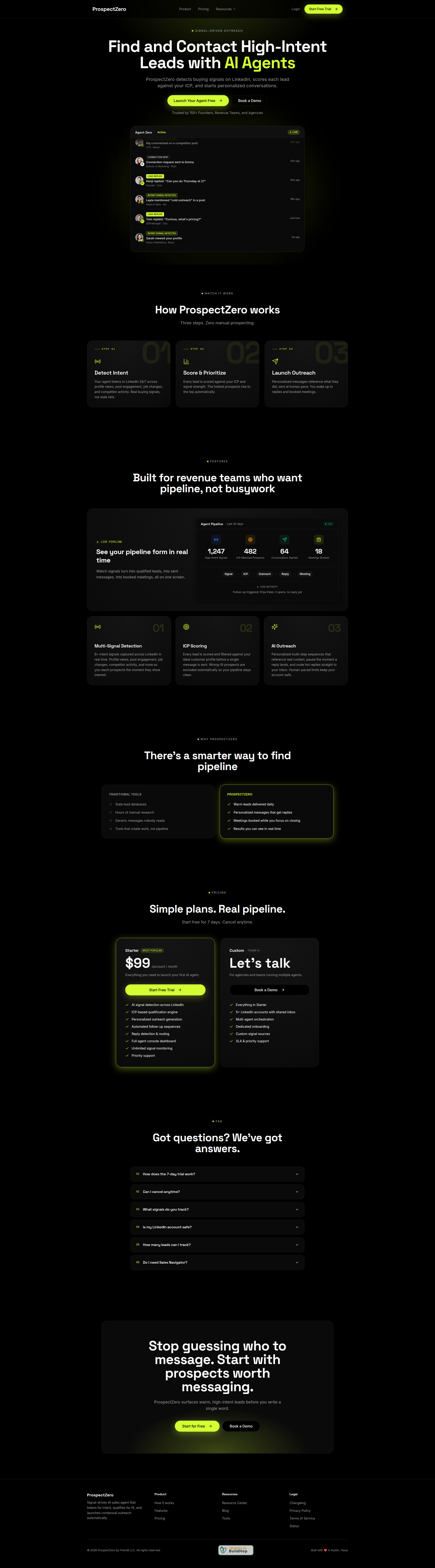Landing page screenshot for prospectzero.com, 1920 by 6919 pixels