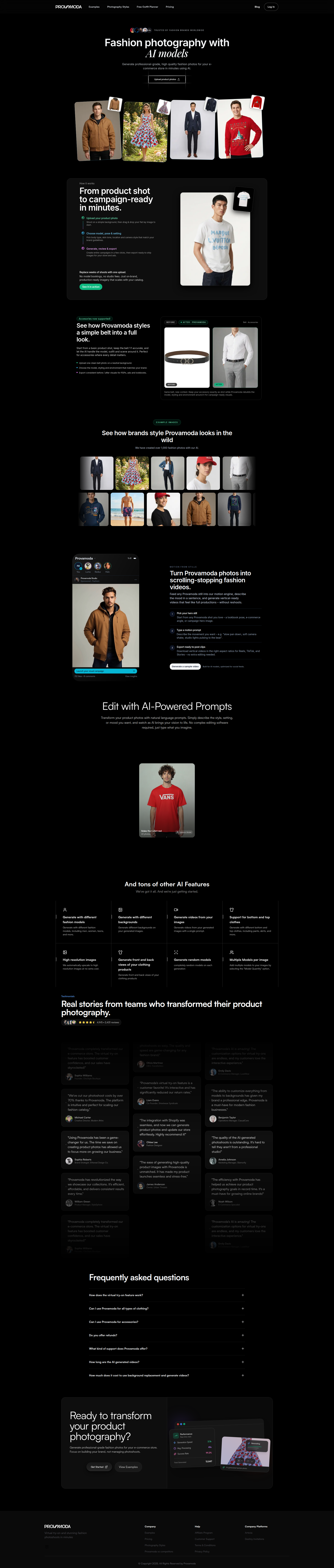 Landing page screenshot for provamoda.ai, 1920 by 9026 pixels