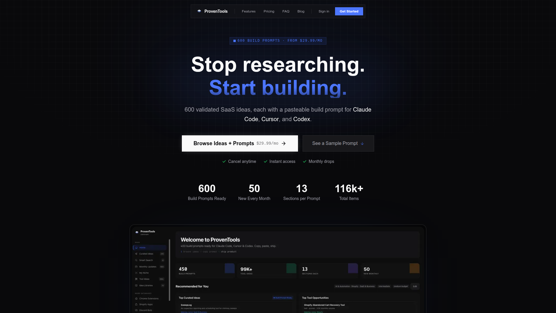 Landing page screenshot for proventools.net, 1920 by 1080 pixels