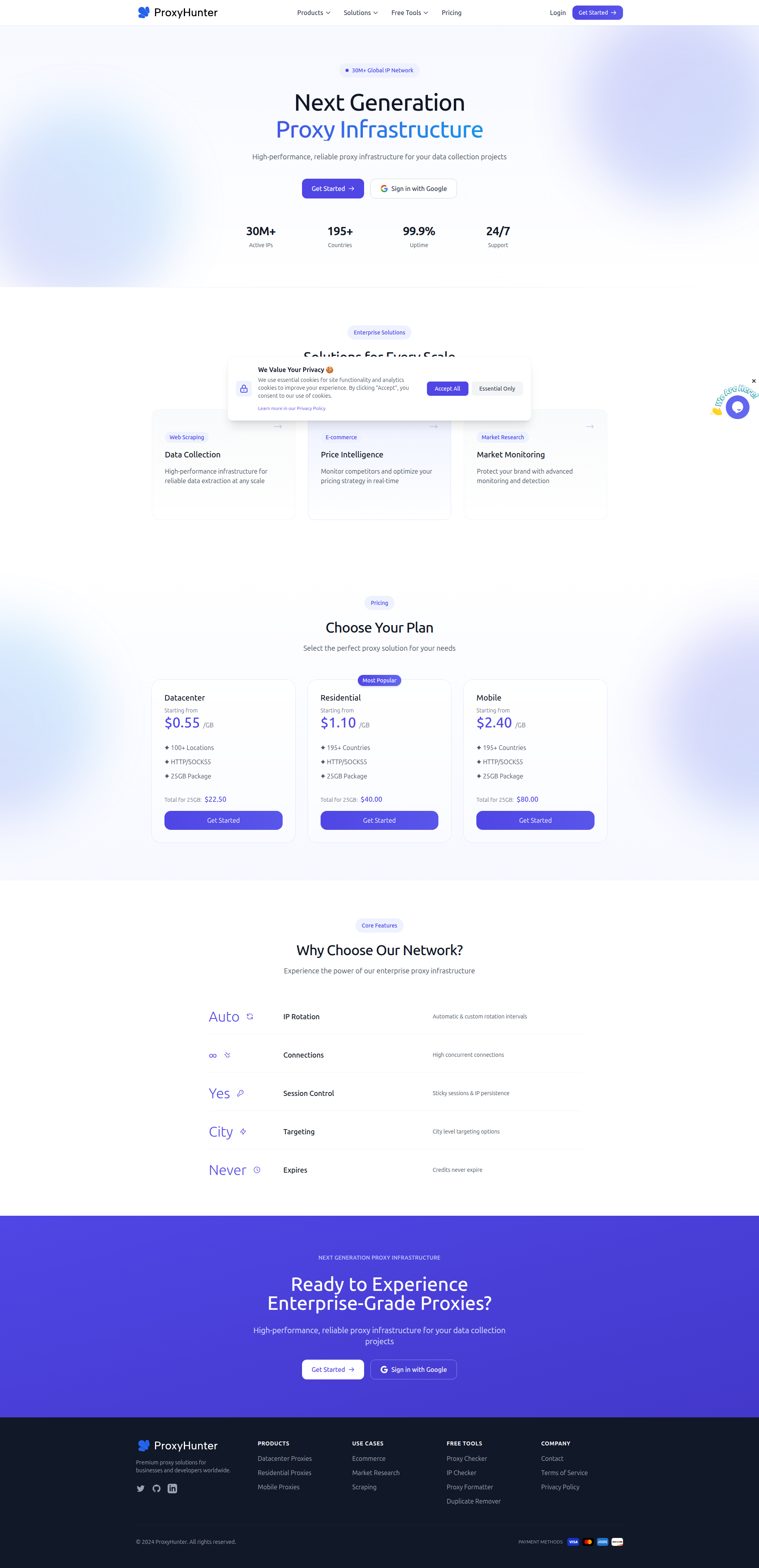 Landing page screenshot for proxyhunter.io, 1920 by 3966 pixels