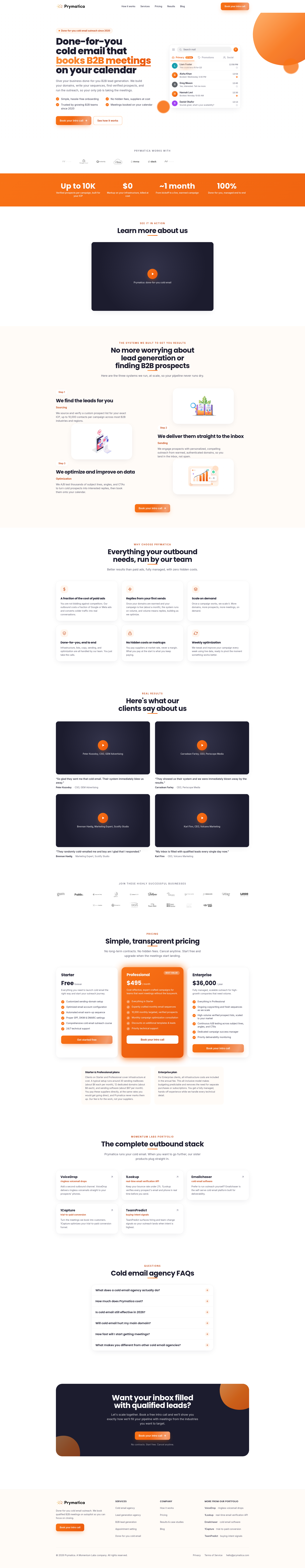 Landing page screenshot for prymatica.com, 1920 by 9857 pixels